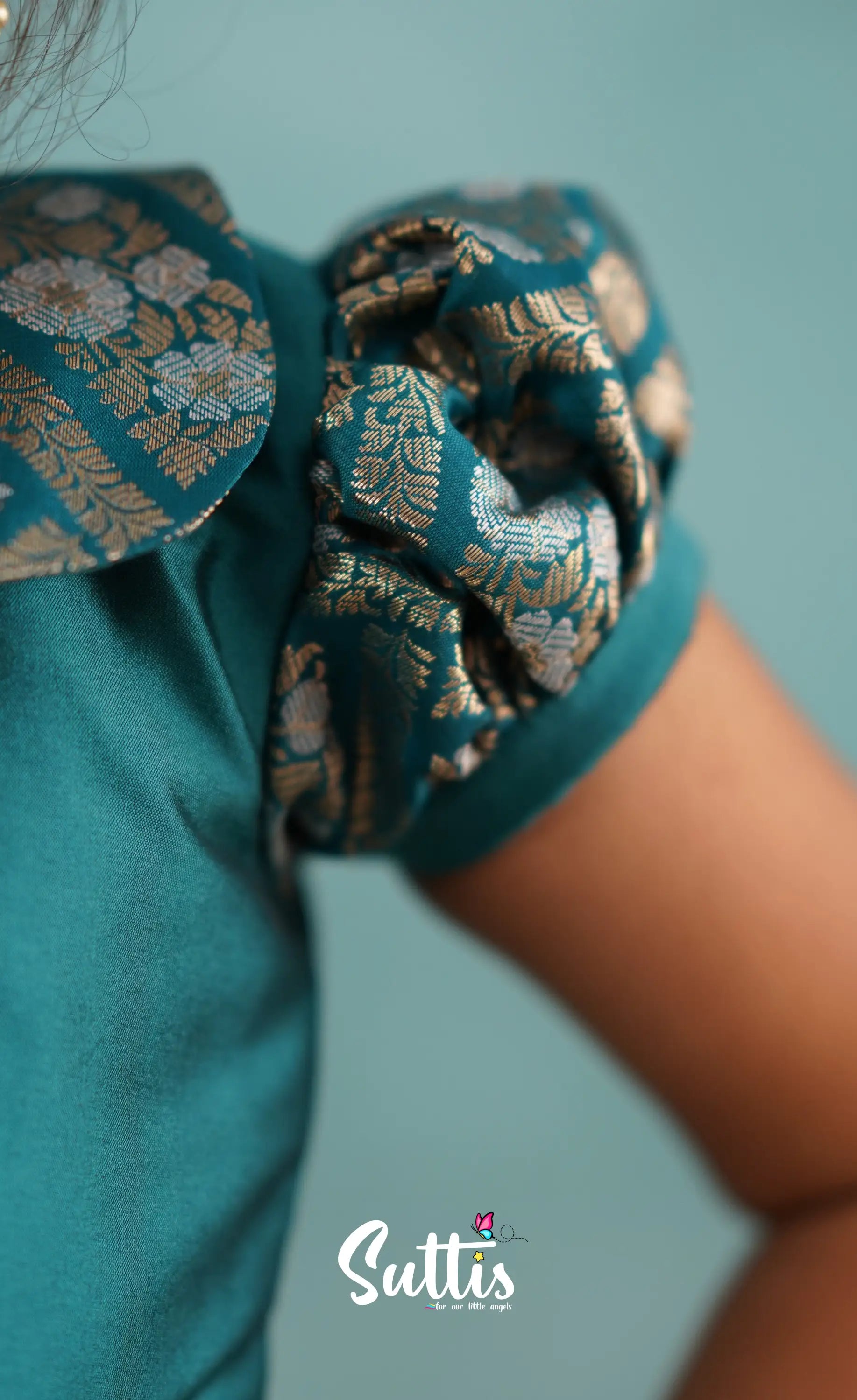 Padmakshi - Teal Blue Blended Silk Top And Skirt Kids-Suttis