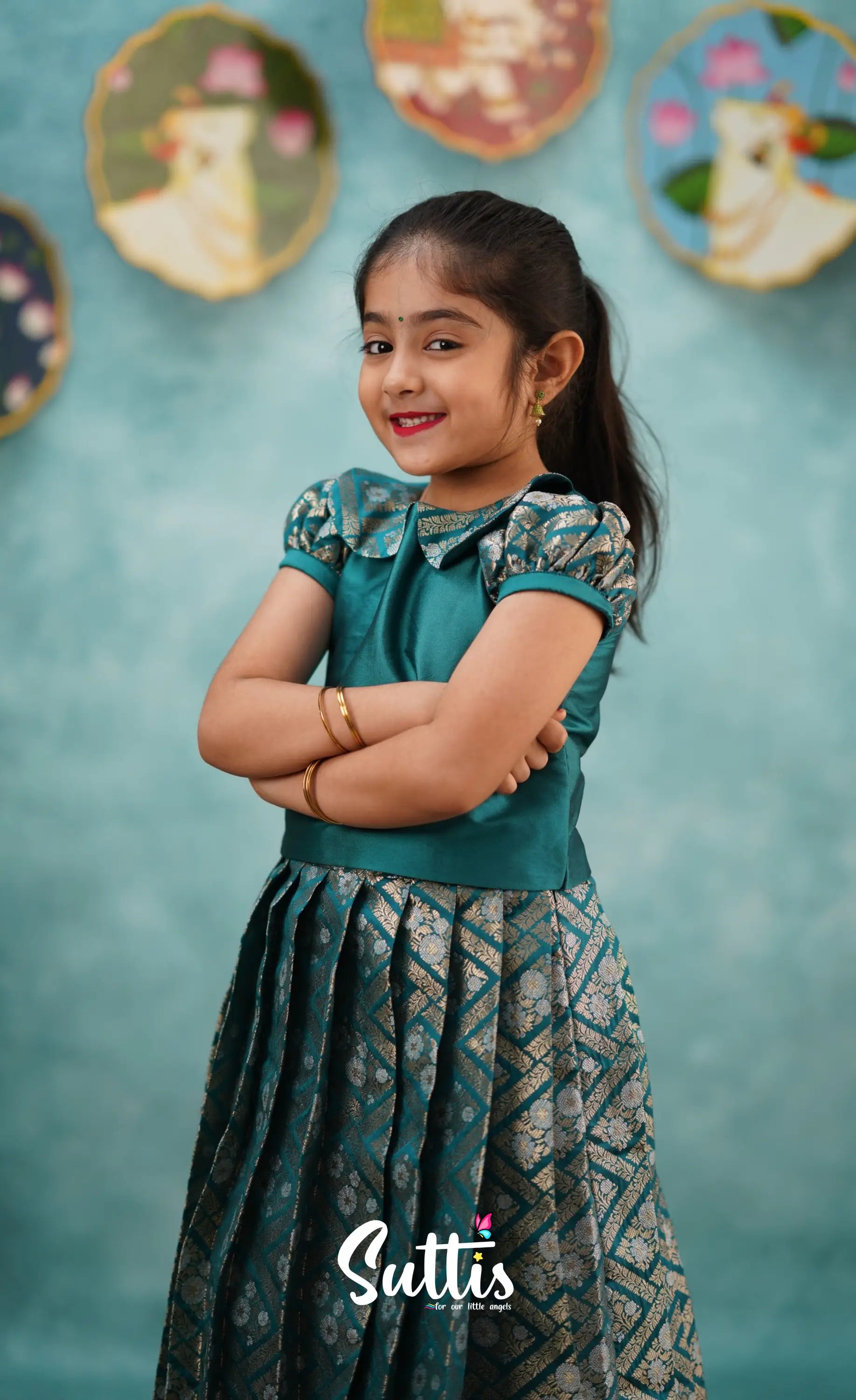 Padmakshi - Teal Blue Blended Silk Top And Skirt Kids-Suttis