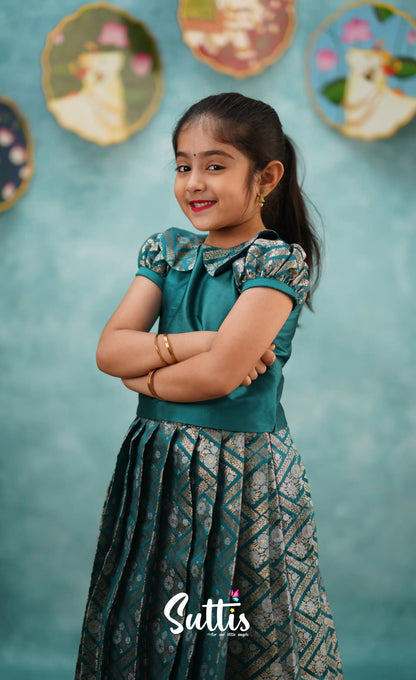 Padmakshi - Teal Blue Blended Silk Top And Skirt Kids-Suttis