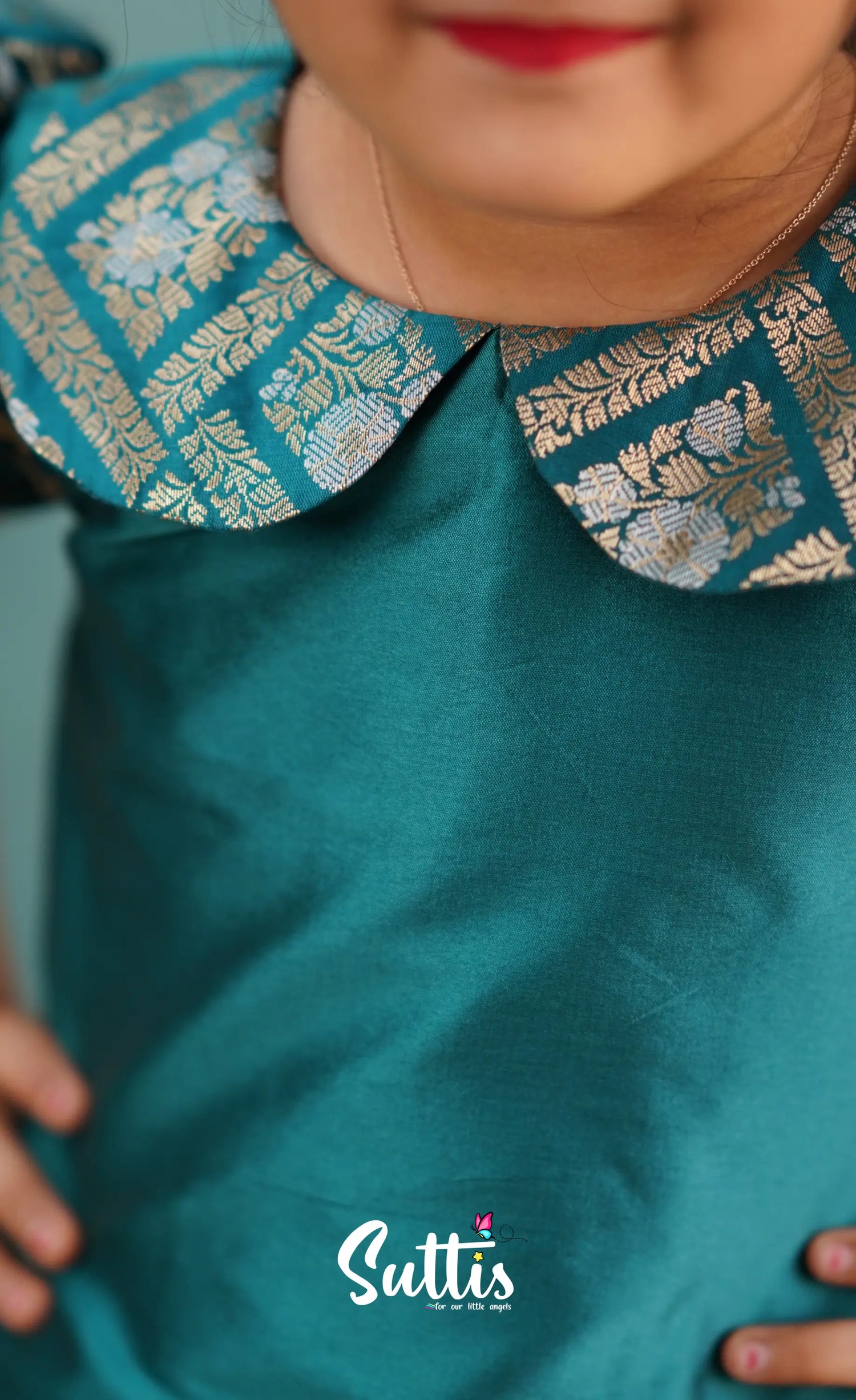 Padmakshi - Teal Blue Blended Silk Top And Skirt Kids-Suttis