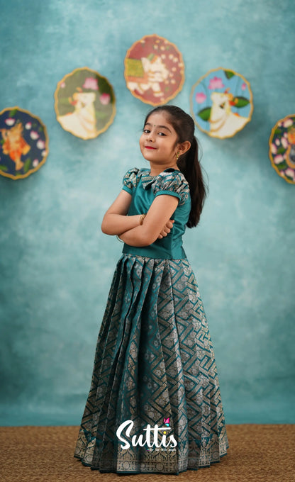 Padmakshi - Teal Blue Blended Silk Top And Skirt Kids-Suttis