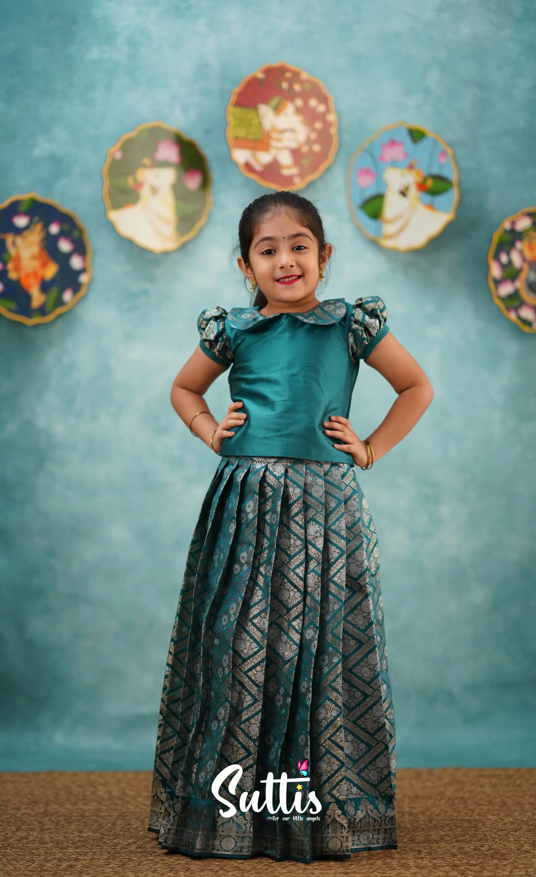 Padmakshi - Teal Blue Blended Silk Top And Skirt Kids-Suttis