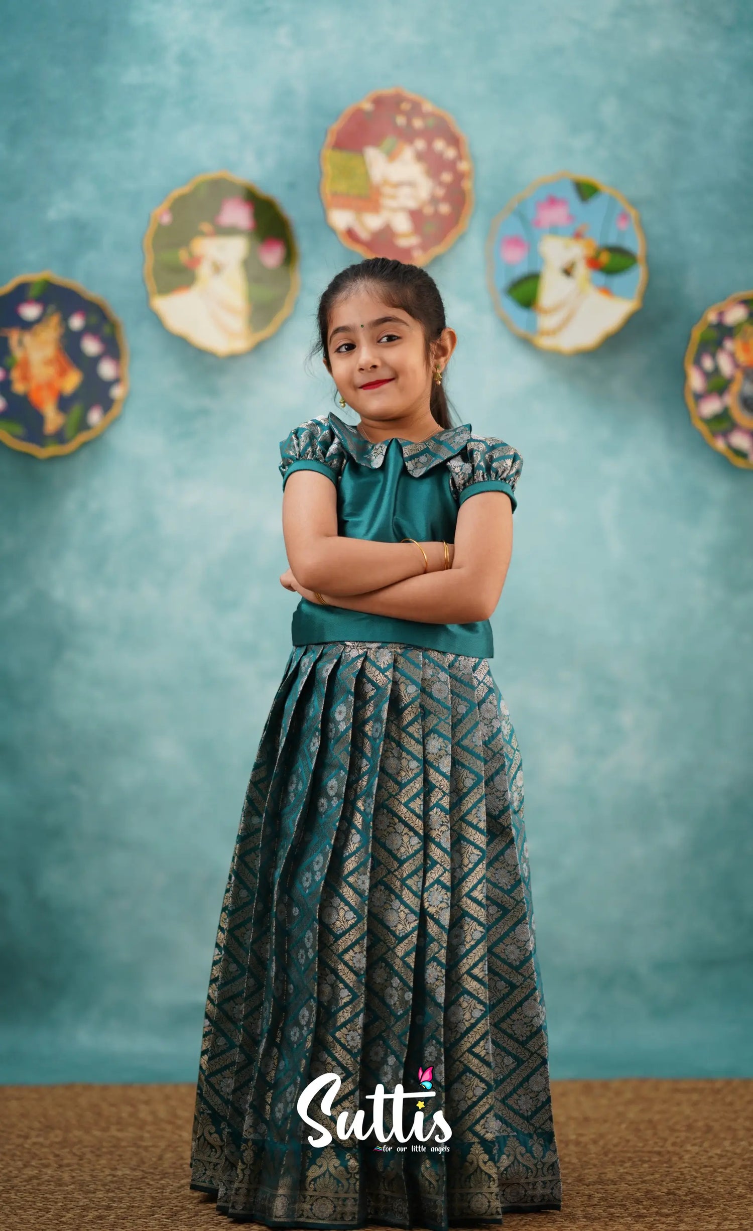 Padmakshi - Teal Blue Blended Silk Top And Skirt Kids-Suttis