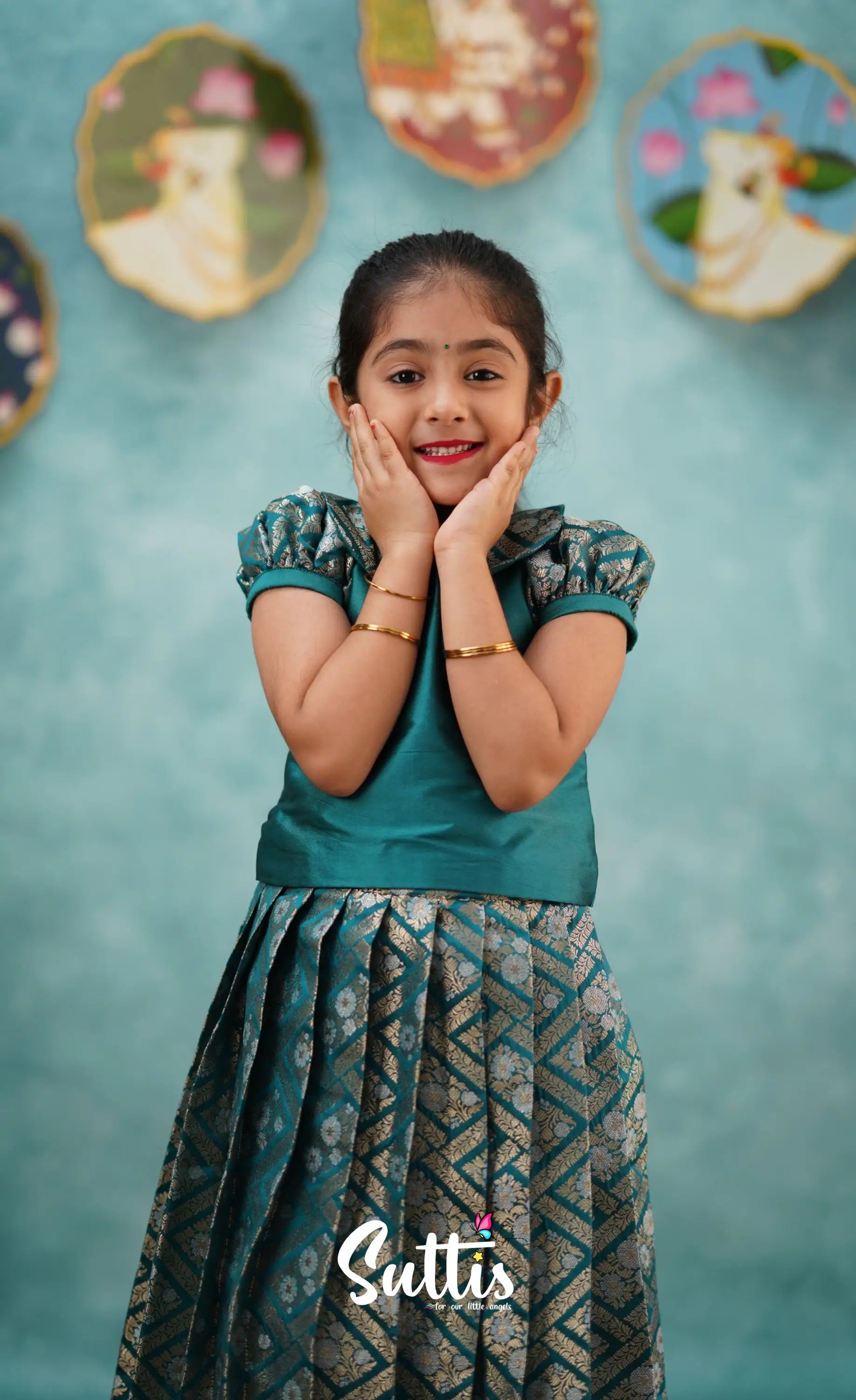 Padmakshi - Teal Blue Blended Silk Top And Skirt Kids-Suttis