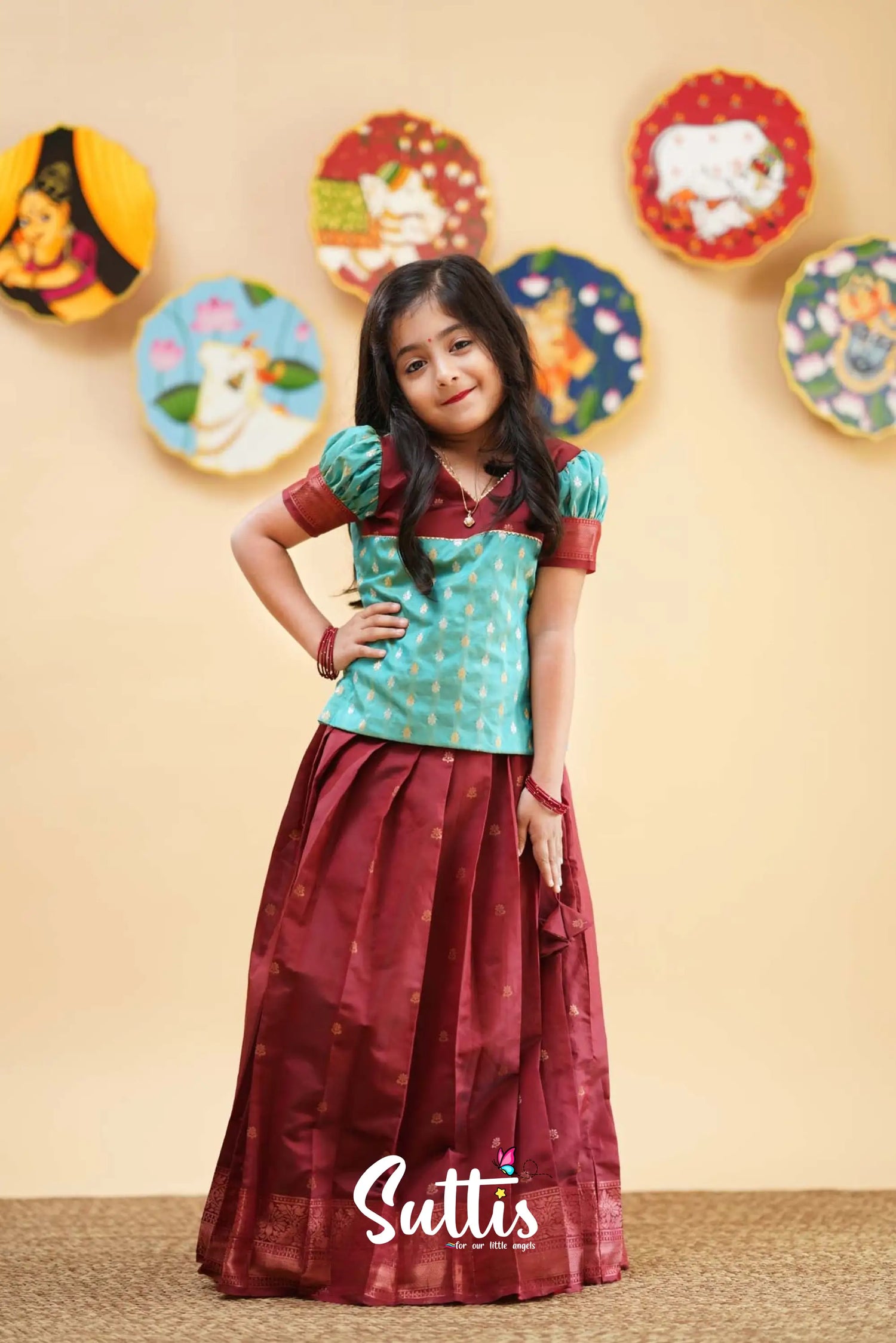 Padmakshi - Turquoise And Reddish Maroon Semi Silk Pavadai Sattai Kids-Suttis