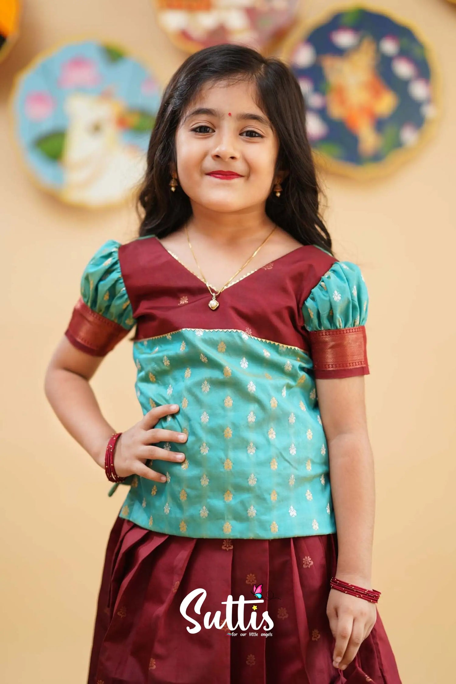 Padmakshi - Turquoise And Reddish Maroon Semi Silk Pavadai Sattai Kids-Suttis