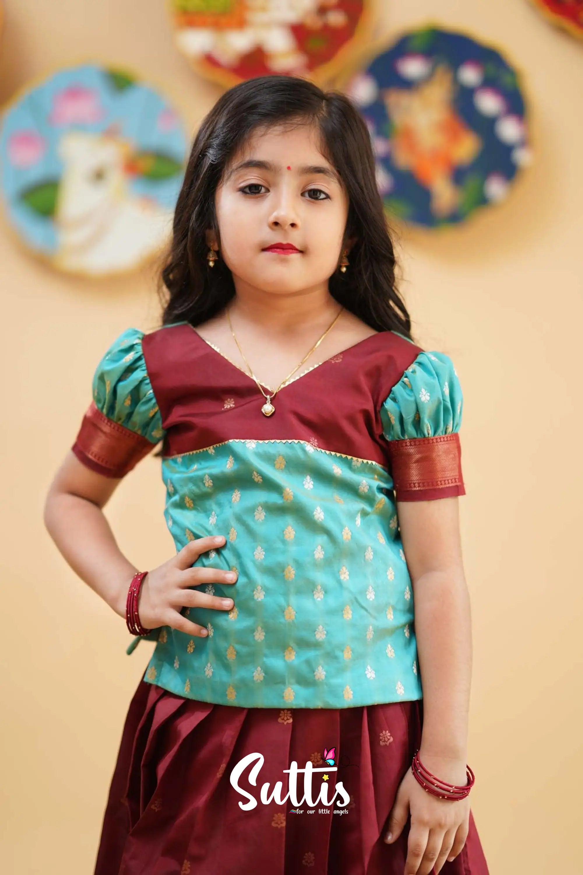 Padmakshi - Turquoise And Reddish Maroon Semi Silk Pavadai Sattai Kids-Suttis