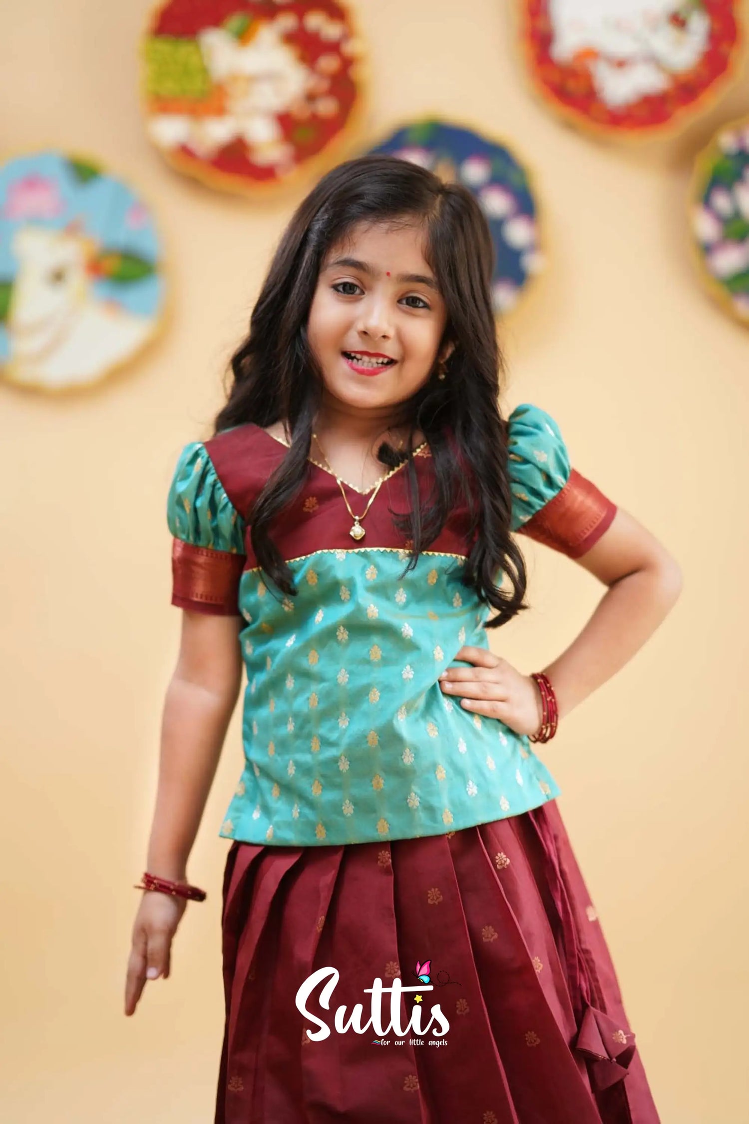 Padmakshi - Turquoise And Reddish Maroon Semi Silk Pavadai Sattai Kids-Suttis