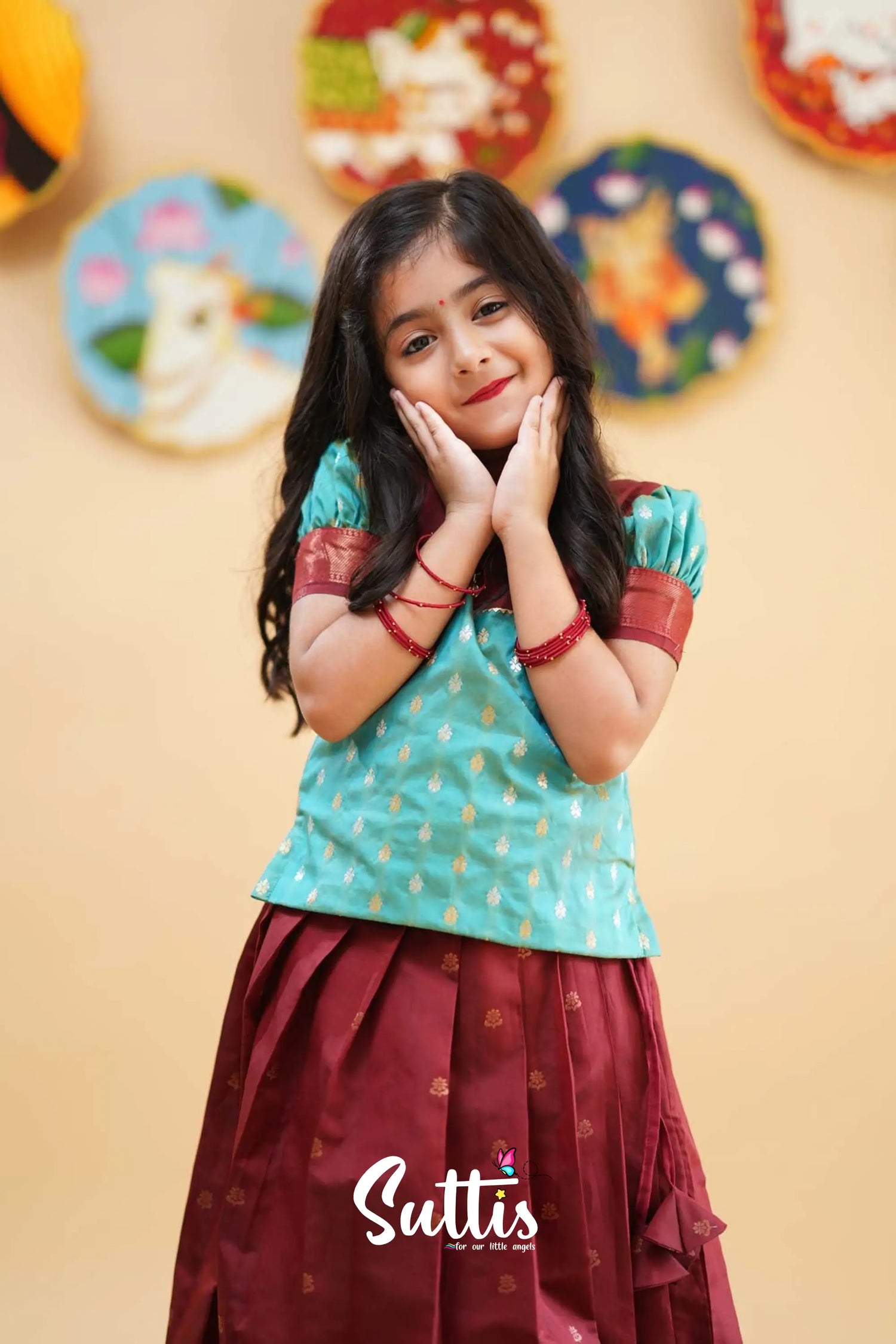 Padmakshi - Turquoise And Reddish Maroon Semi Silk Pavadai Sattai Kids-Suttis