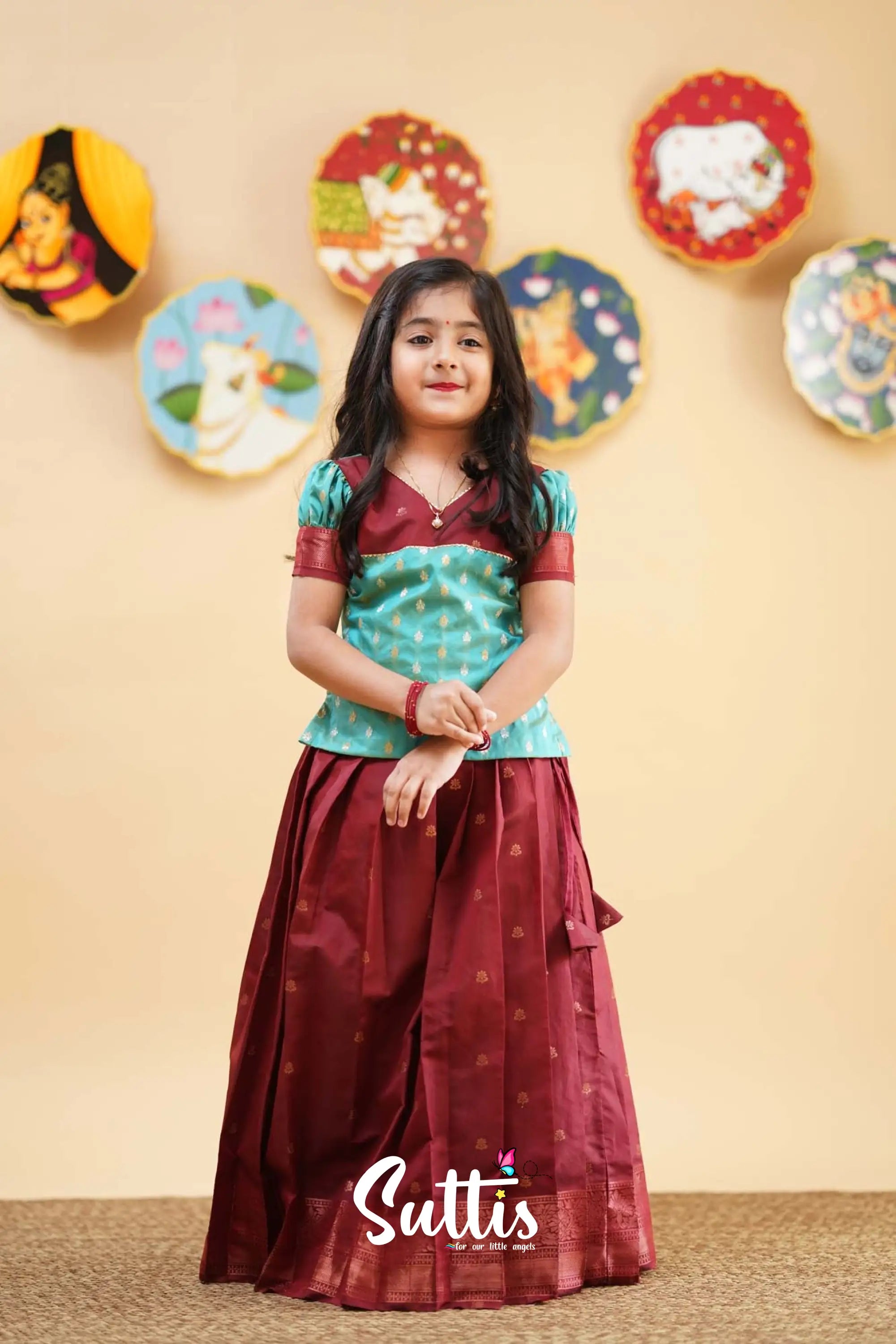 Padmakshi - Turquoise And Reddish Maroon Semi Silk Pavadai Sattai Kids-Suttis