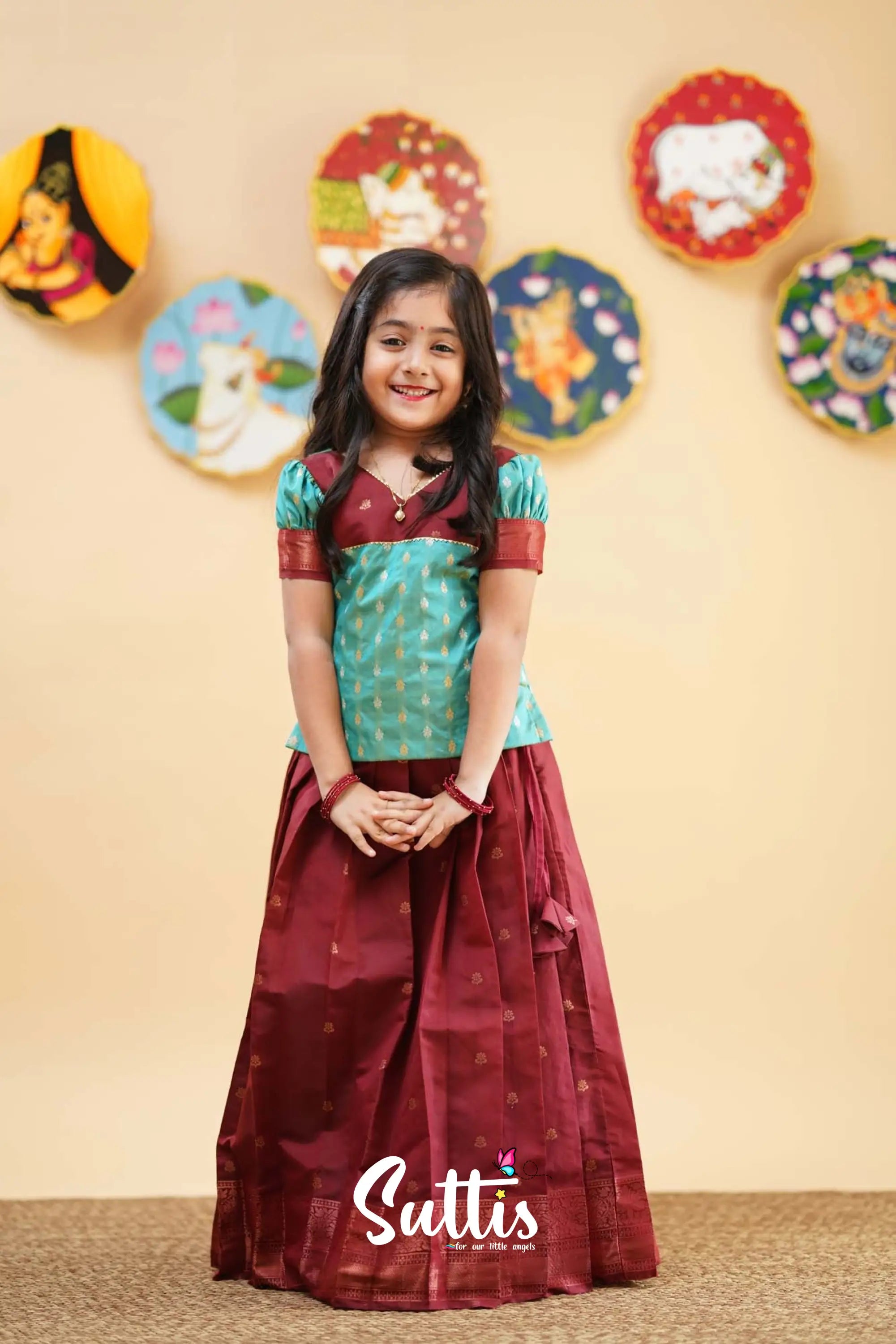 Padmakshi - Turquoise And Reddish Maroon Semi Silk Pavadai Sattai Kids-Suttis