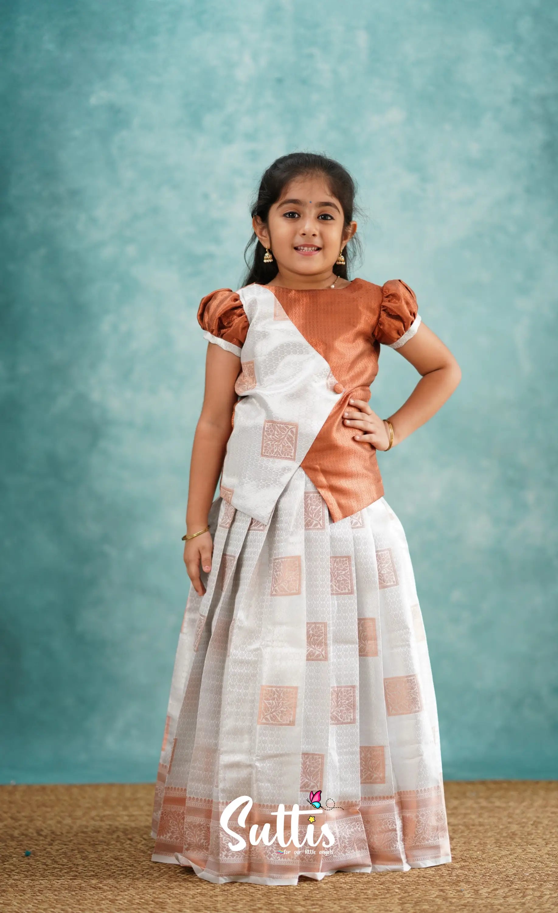 Padmakshi - White And Rust Blended Silk Pavadai Sattai Kids-Suttis