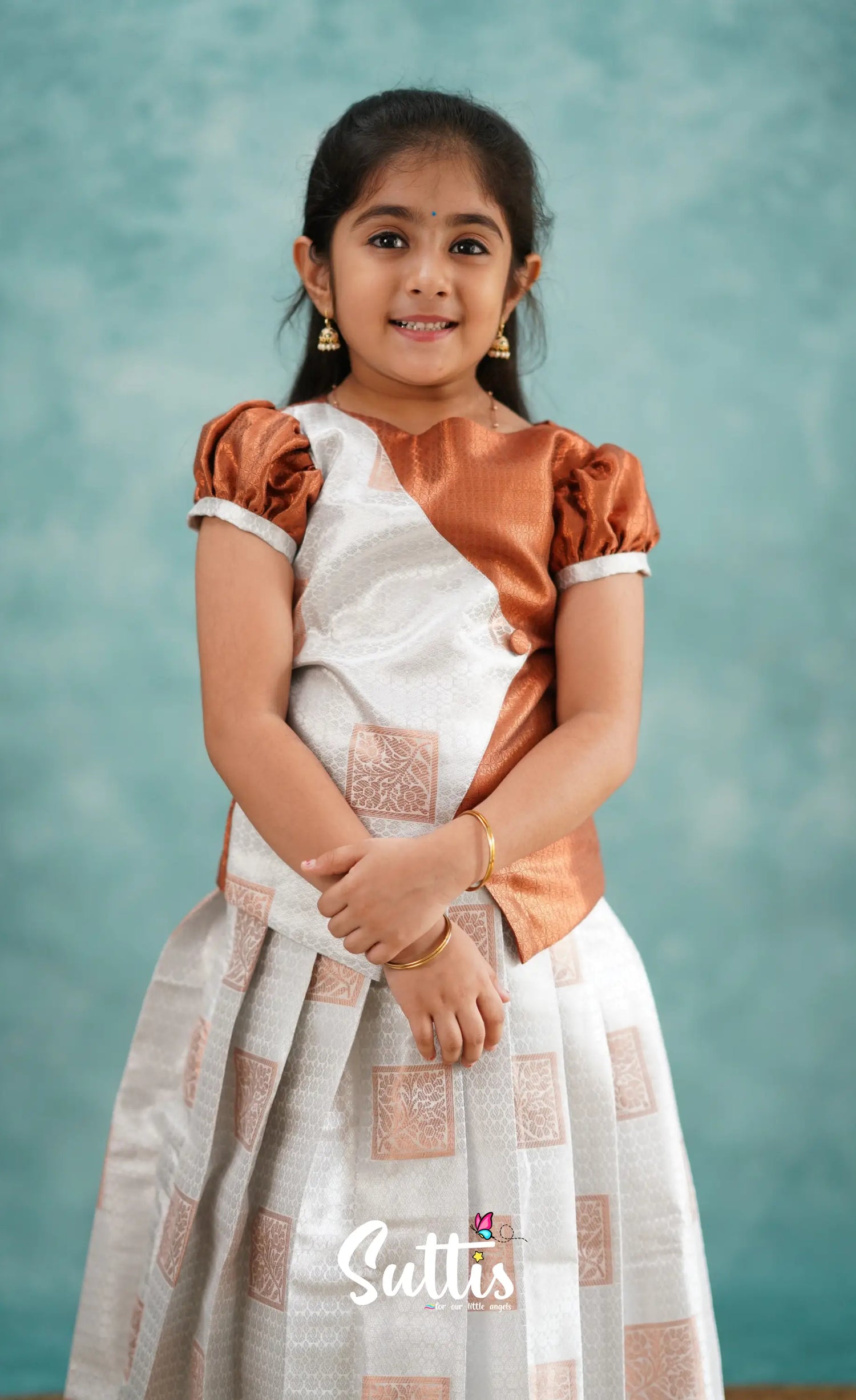 Padmakshi - White And Rust Blended Silk Pavadai Sattai Kids-Suttis