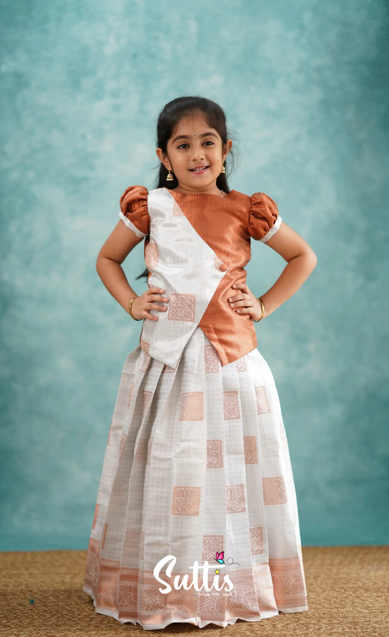 Padmakshi - White And Rust Blended Silk Pavadai Sattai Kids-Suttis