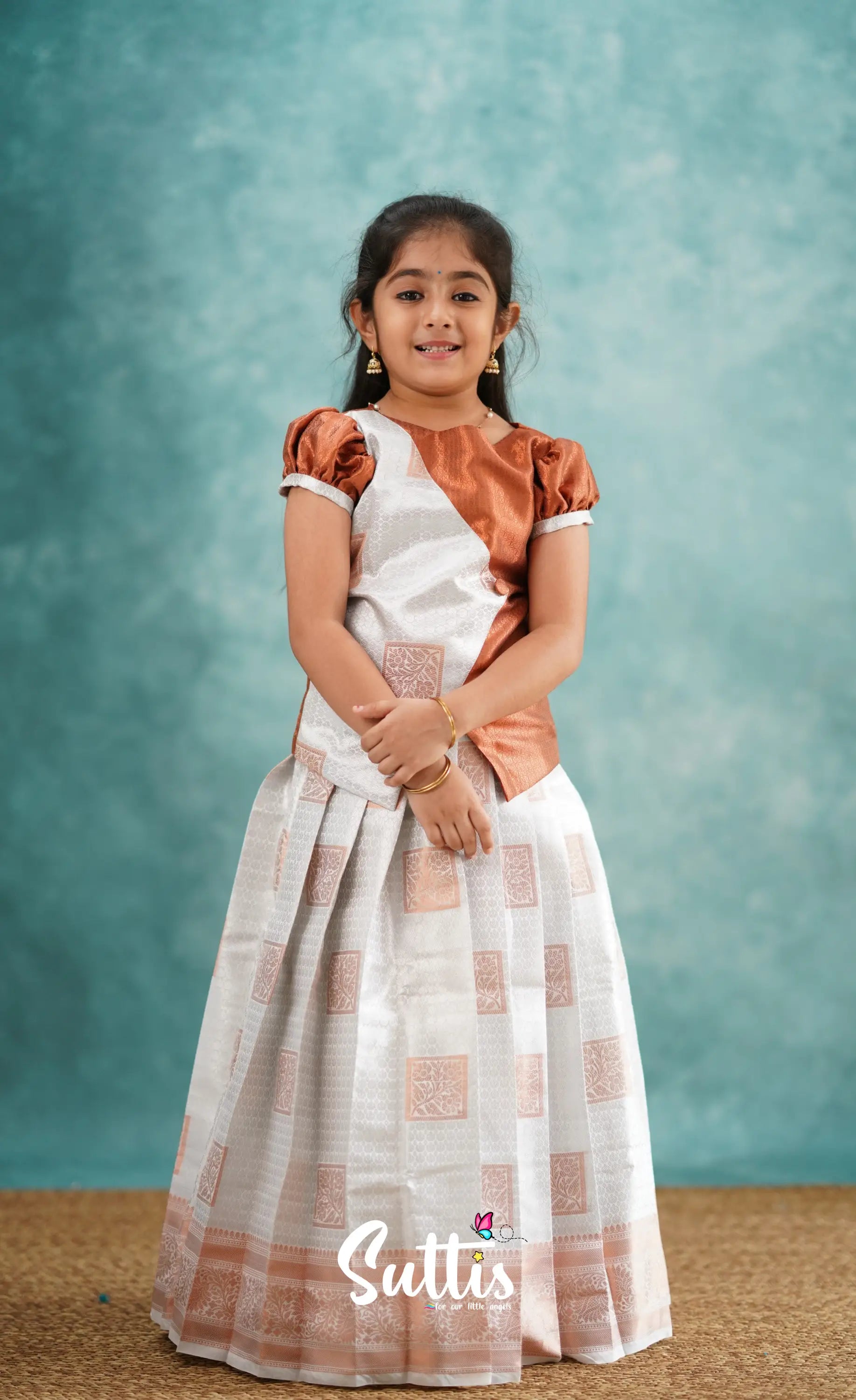 Padmakshi - White And Rust Blended Silk Pavadai Sattai Kids-Suttis