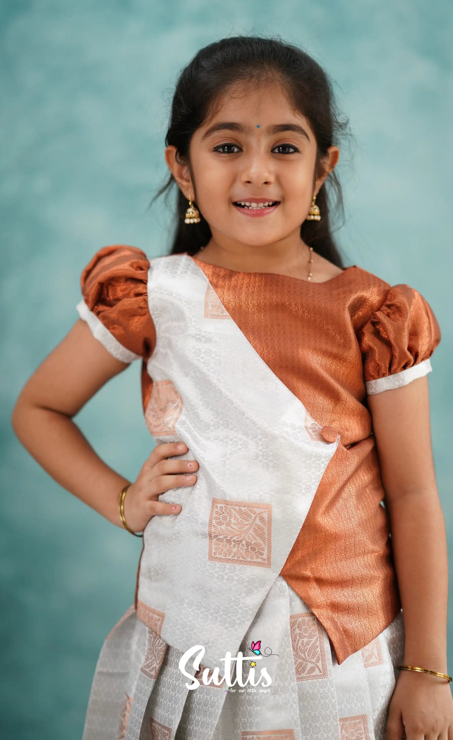 Padmakshi - White And Rust Blended Silk Pavadai Sattai Kids-Suttis