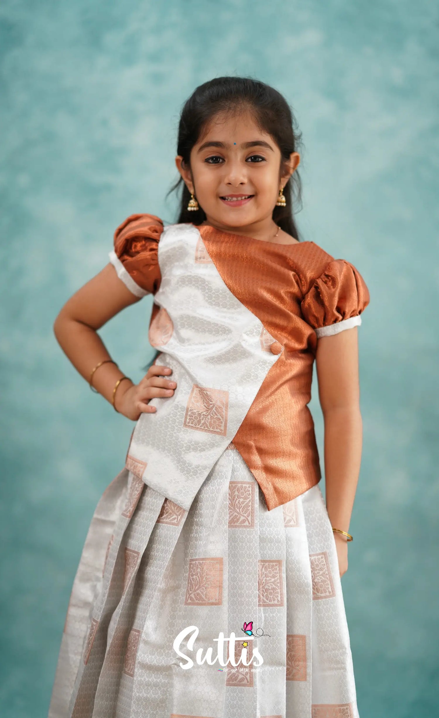 Padmakshi - White And Rust Blended Silk Pavadai Sattai Kids-Suttis