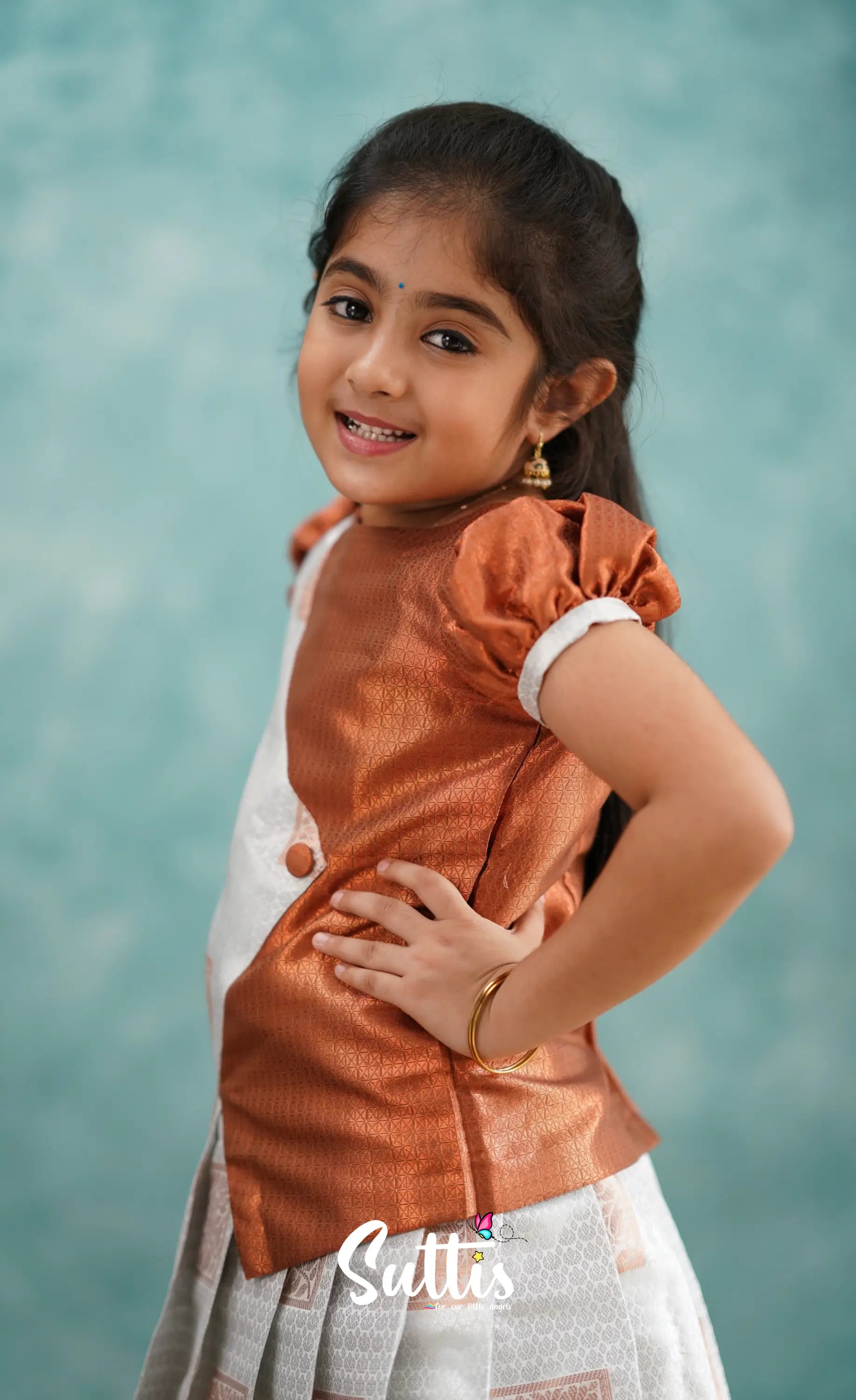 Padmakshi - White And Rust Blended Silk Pavadai Sattai Kids-Suttis