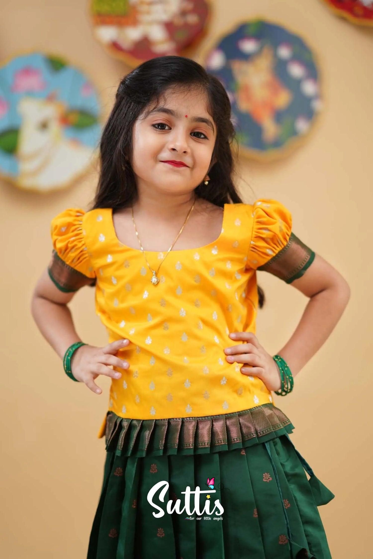 Padmakshi - Yellow And Dark Green Semi Silk Pavadai Sattai Kids-Suttis