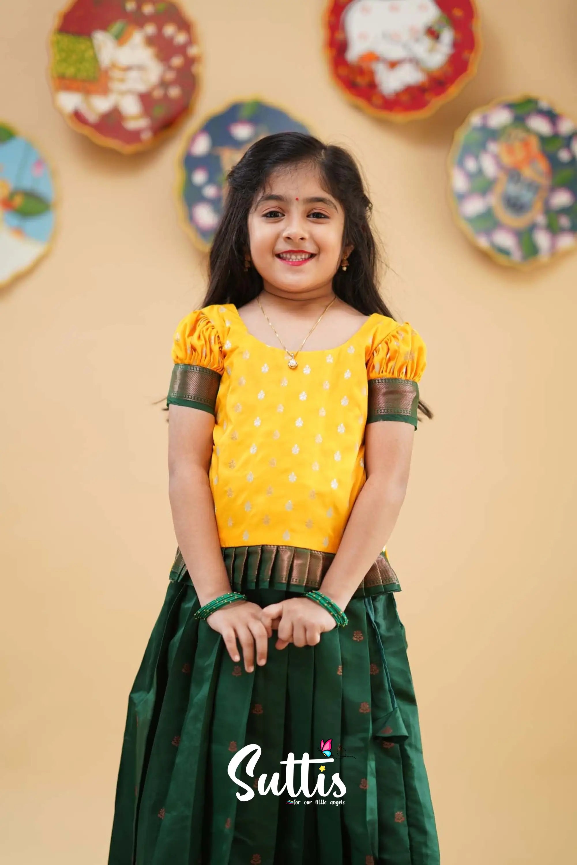 Padmakshi - Yellow And Dark Green Semi Silk Pavadai Sattai Kids-Suttis