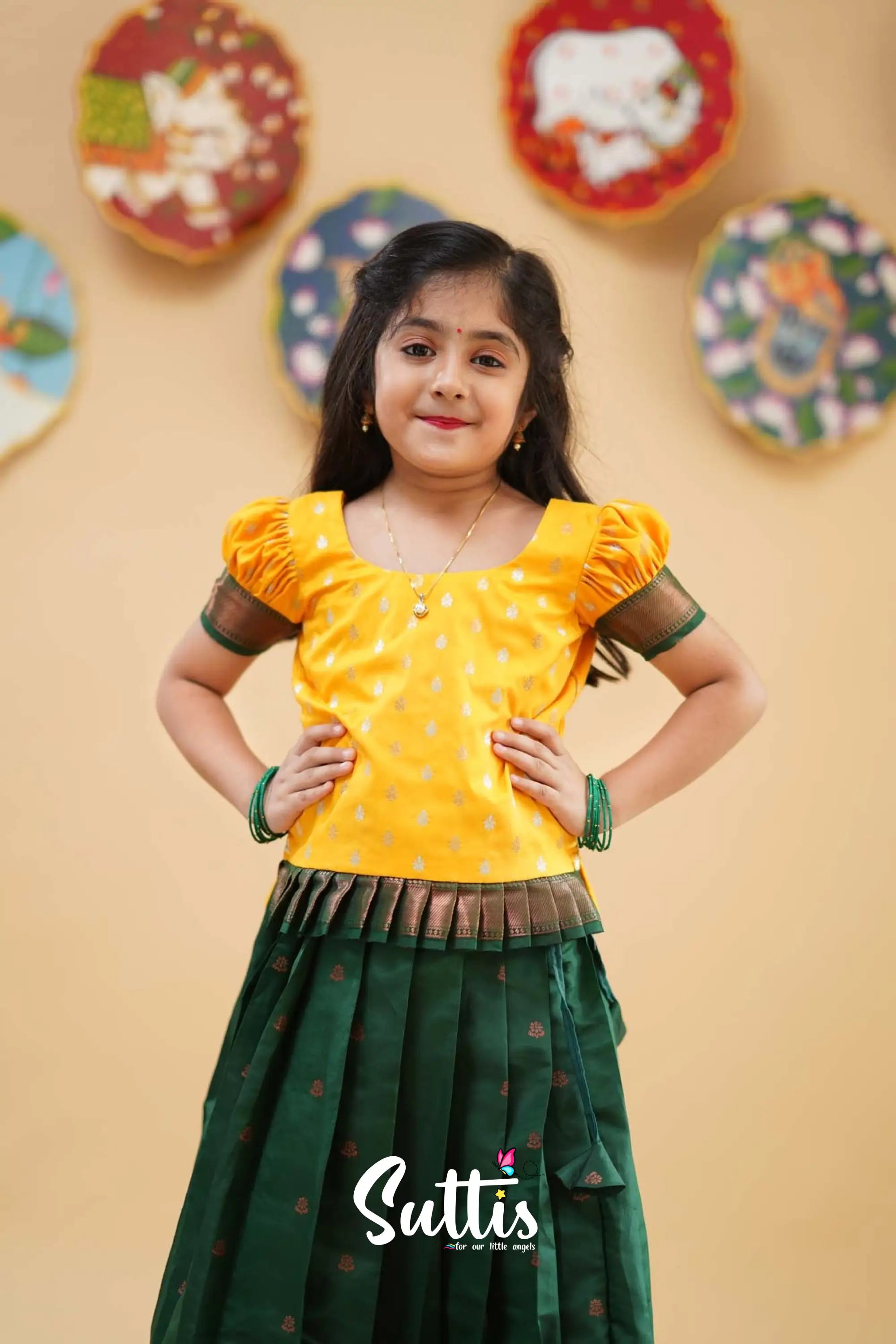 Padmakshi - Yellow And Dark Green Semi Silk Pavadai Sattai Kids-Suttis