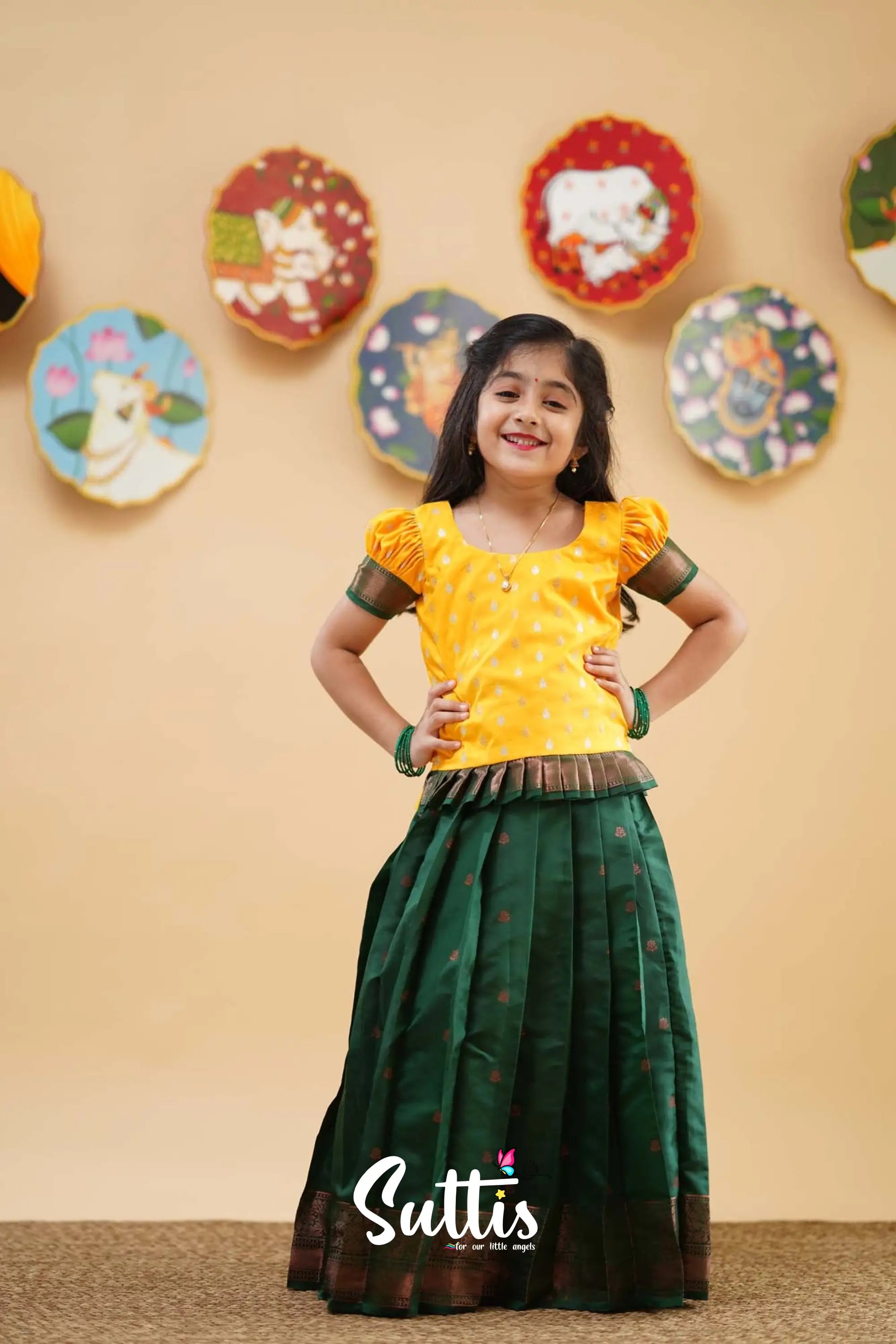 Padmakshi - Yellow And Dark Green Semi Silk Pavadai Sattai Kids-Suttis