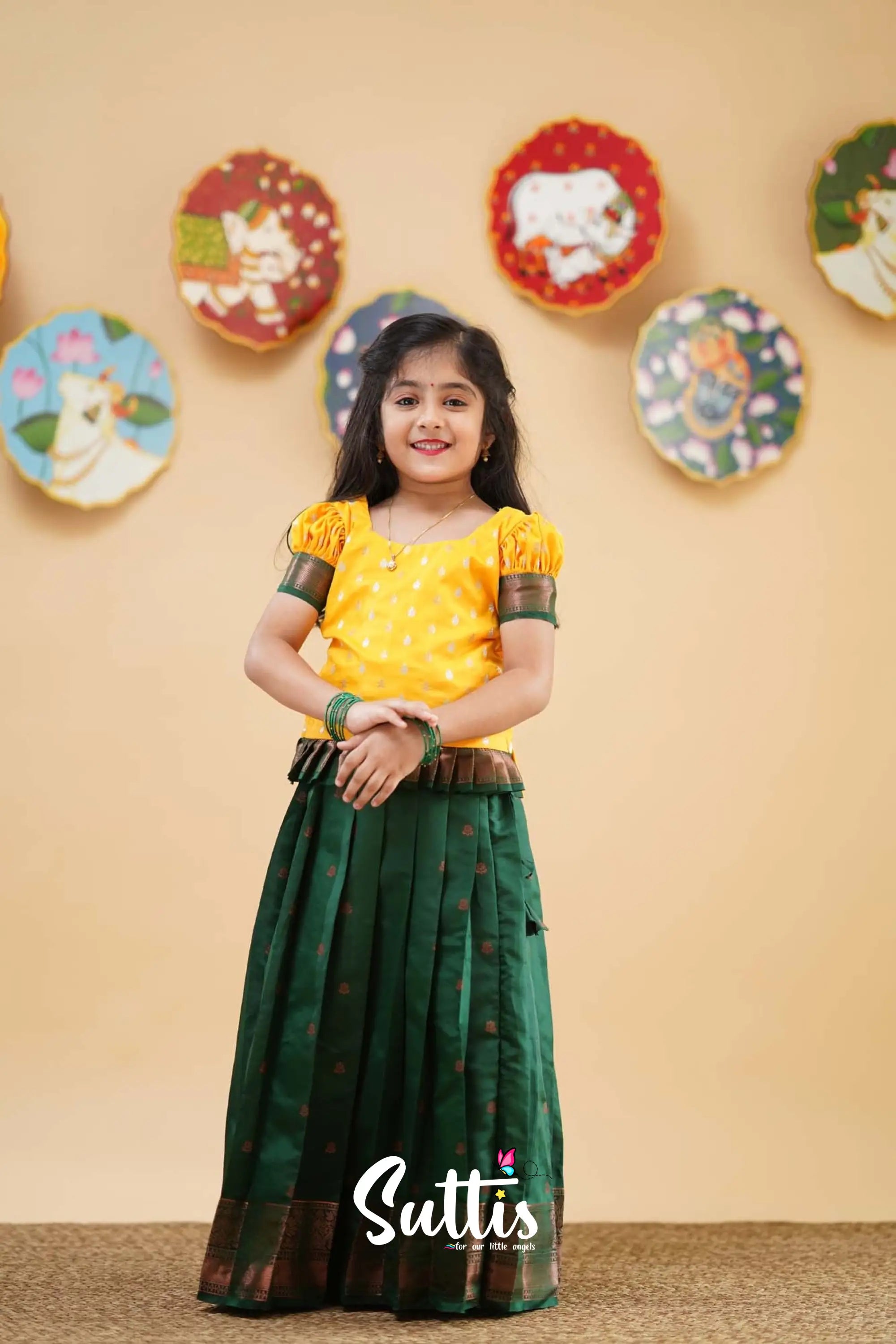 Padmakshi - Yellow And Dark Green Semi Silk Pavadai Sattai Kids-Suttis