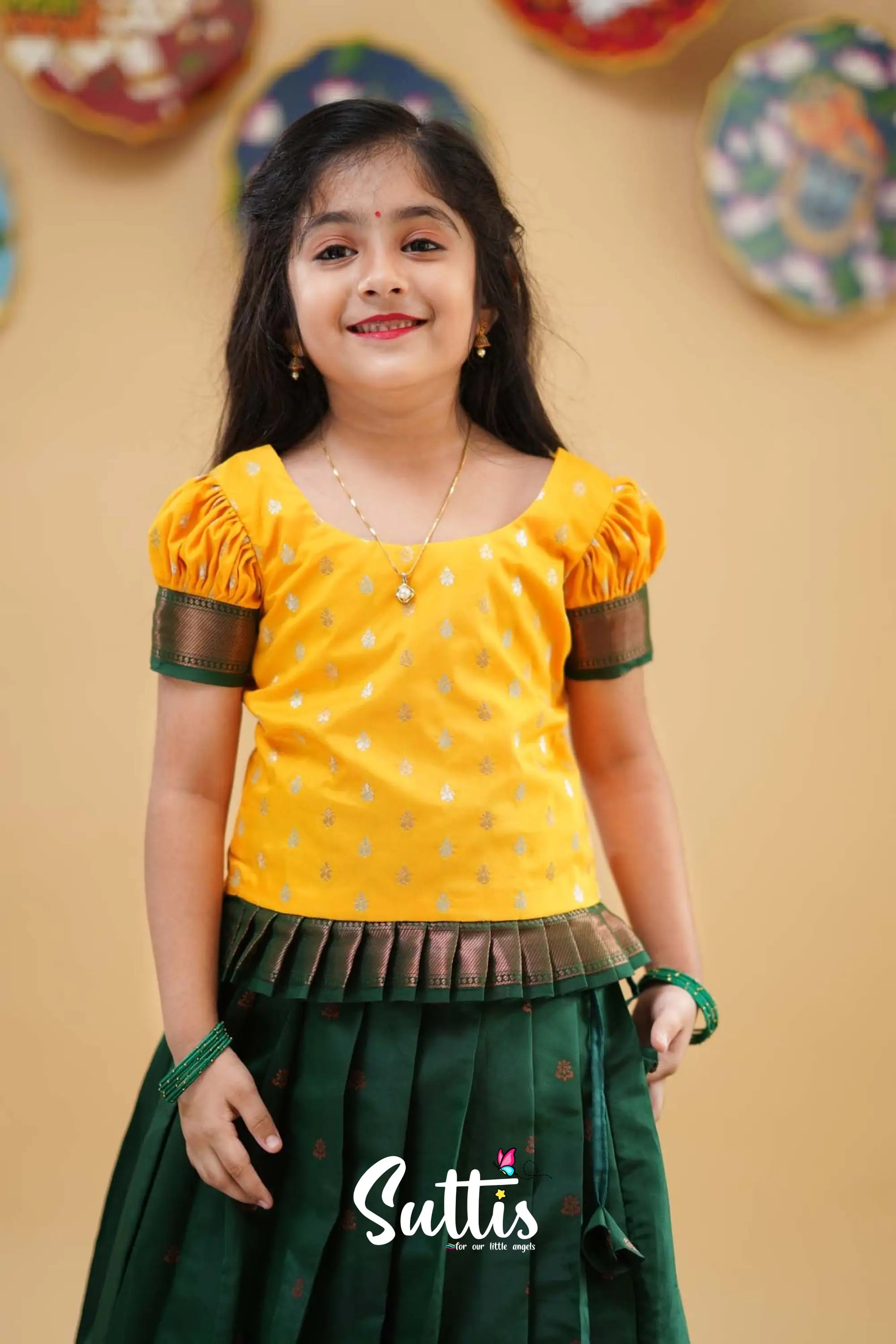 Padmakshi - Yellow And Dark Green Semi Silk Pavadai Sattai Kids-Suttis