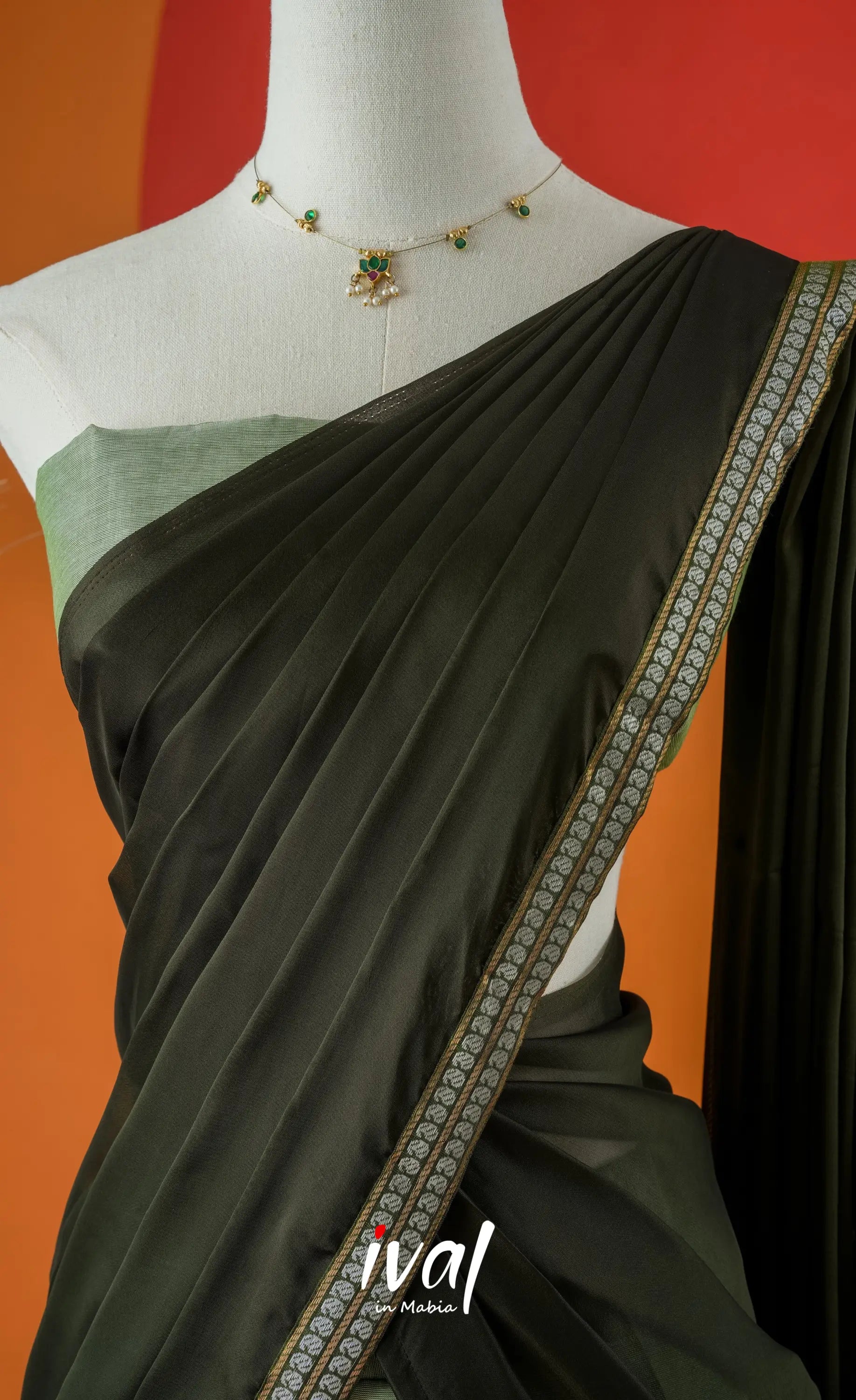 Pale Green with Dark Olive Green Semi-Stitched Cotton Halfsaree Half Sarees
