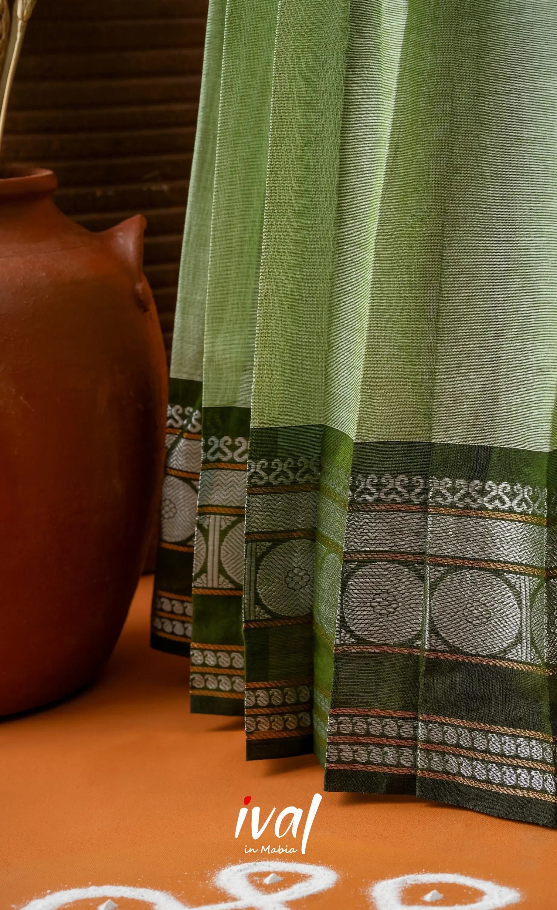 Pale Green with Dark Olive Green Semi-Stitched Cotton Halfsaree Half Sarees