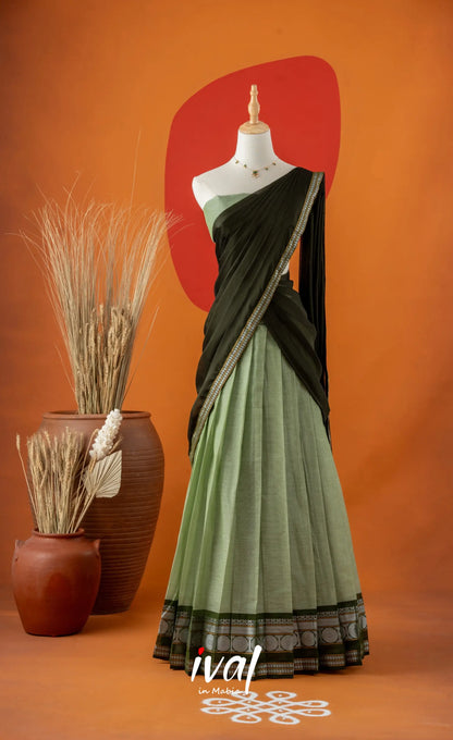 Pale Green with Dark Olive Green Semi-Stitched Cotton Halfsaree Half Sarees