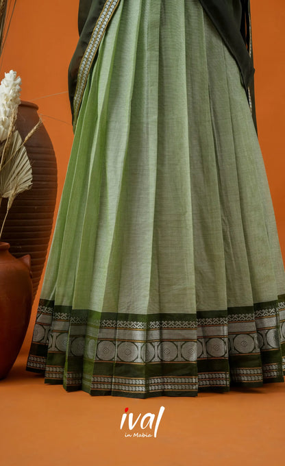Pale Green with Dark Olive Green Semi-Stitched Cotton Halfsaree Half Sarees