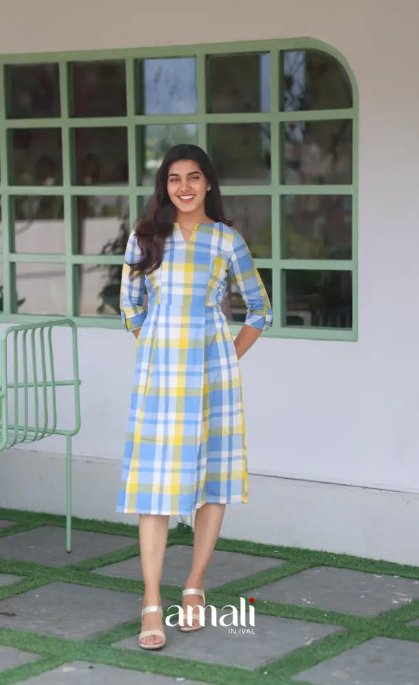 Pastel Blue Checks Indo Western Dress - salwar