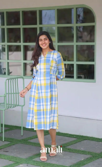 Pastel Blue Checks Indo Western Dress - salwar