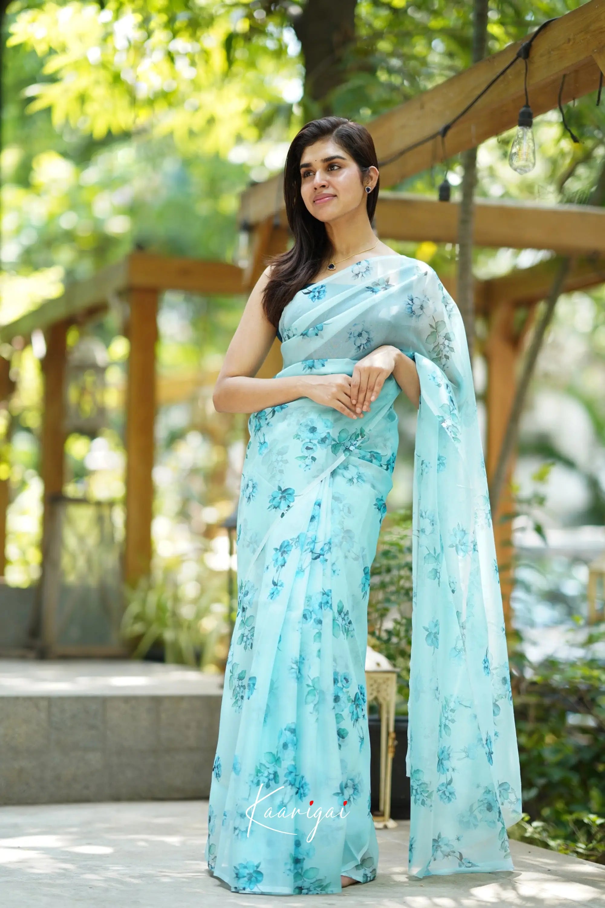 Pastel Blue Floral Oraganza Saree Sarees