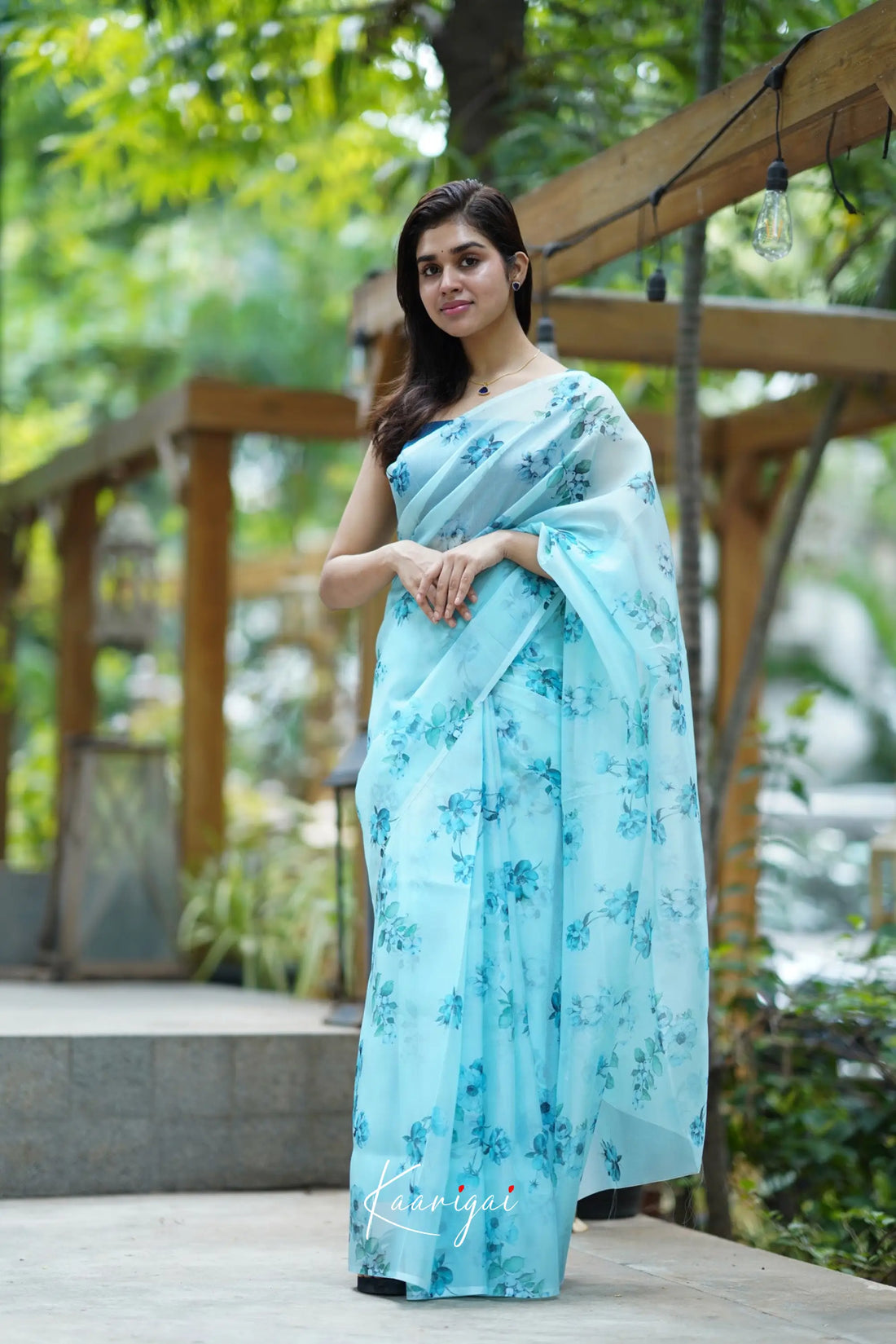Pastel Blue Floral Oraganza Saree Sarees