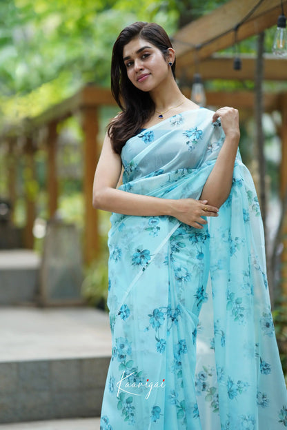 Pastel Blue Floral Oraganza Saree Sarees