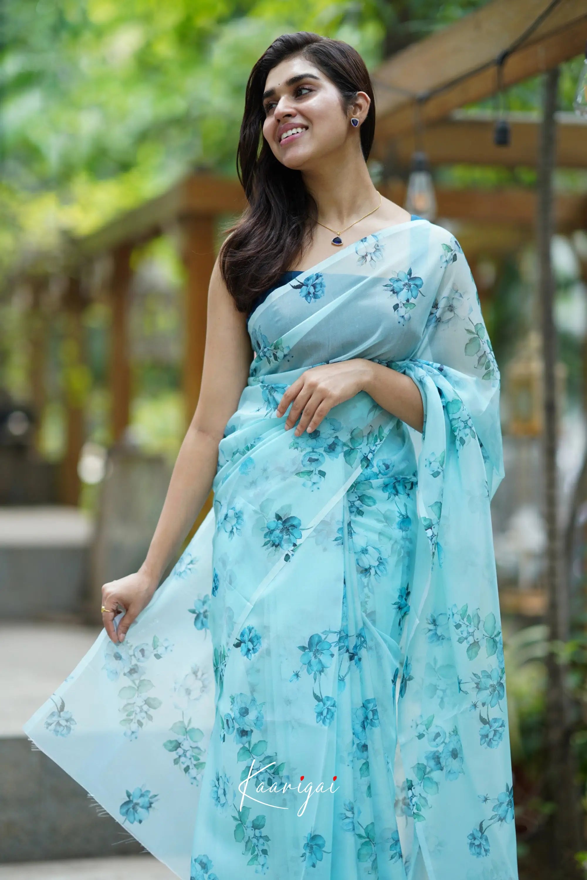 Pastel Blue Floral Oraganza Saree Sarees