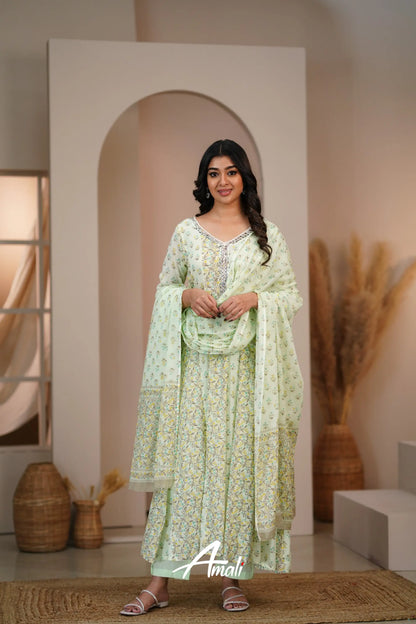 Pastel Green Cotton Anarkali Anarkalis