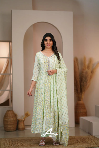 Pastel Green Cotton Anarkali Anarkalis