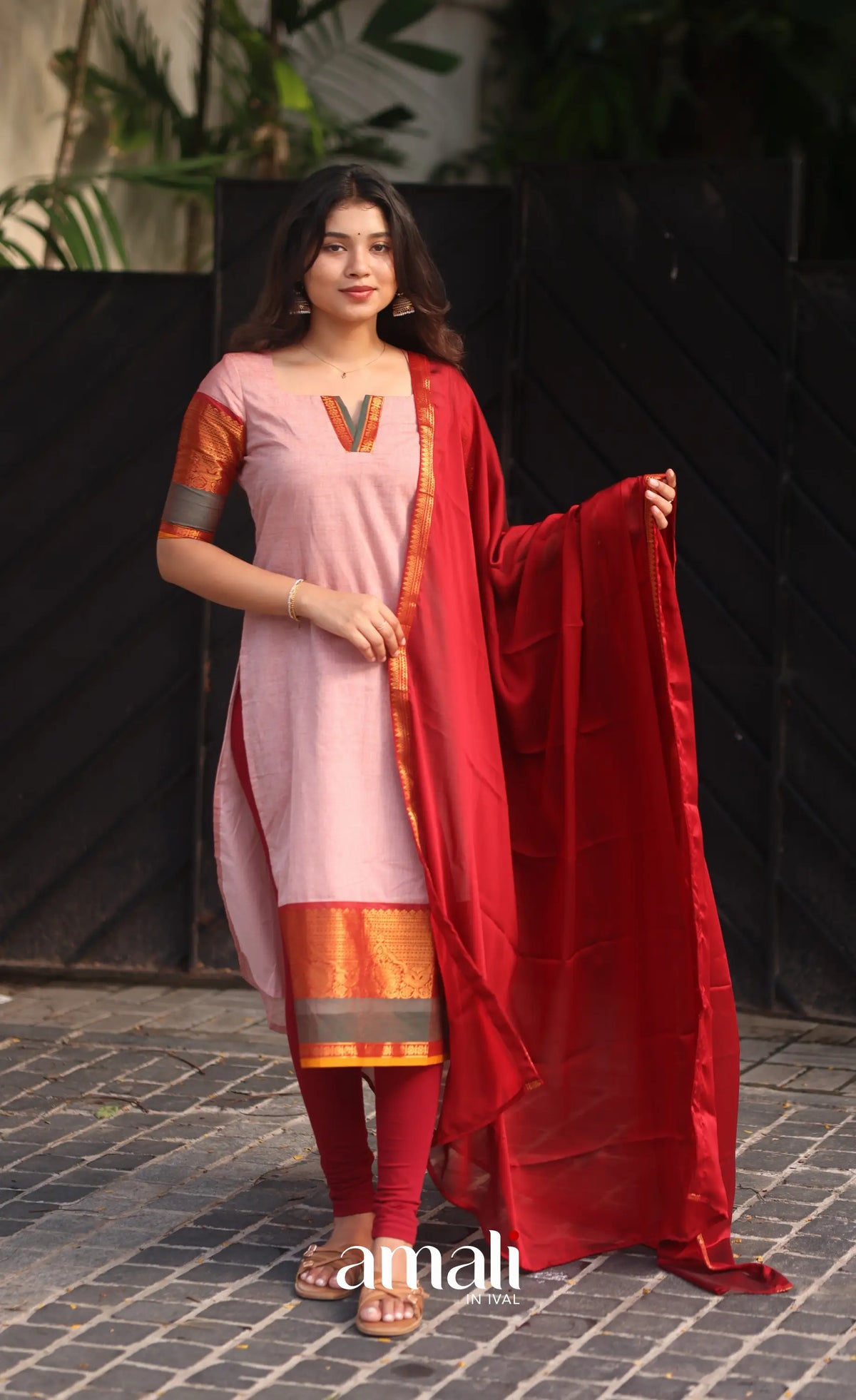Pastel Pink and Reddish Maroon Chettinad Cotton Salwar Set - salwar