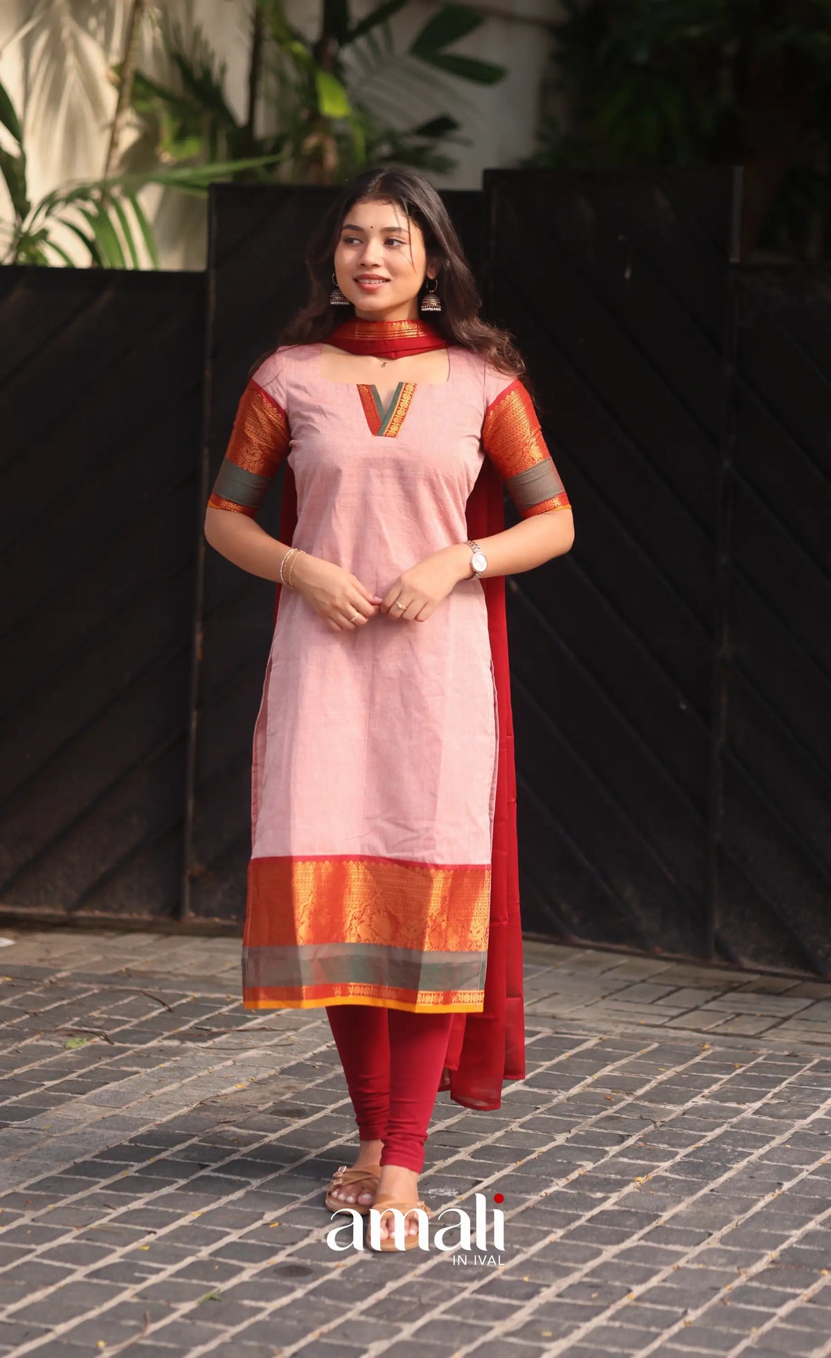 Pastel Pink and Reddish Maroon Chettinad Cotton Salwar Set - salwar