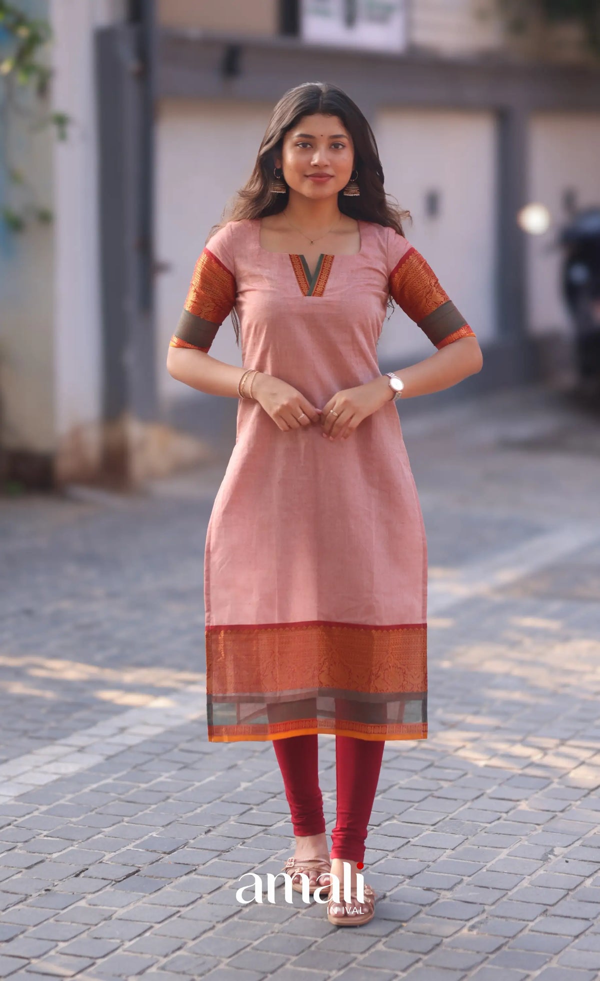 Pastel Pink and Reddish Maroon Chettinad Cotton Salwar Set - salwar