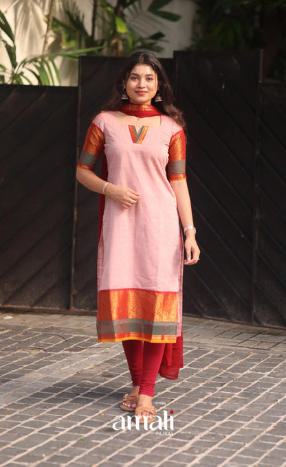 Pastel Pink and Reddish Maroon Chettinad Cotton Salwar Set - salwar