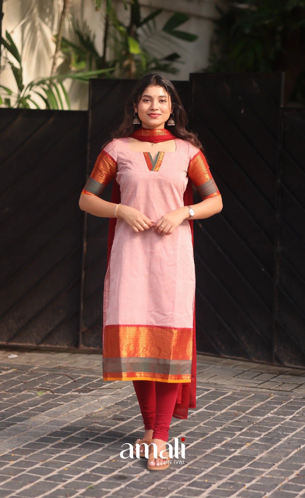 Pastel Pink and Reddish Maroon Chettinad Cotton Salwar Set - salwar