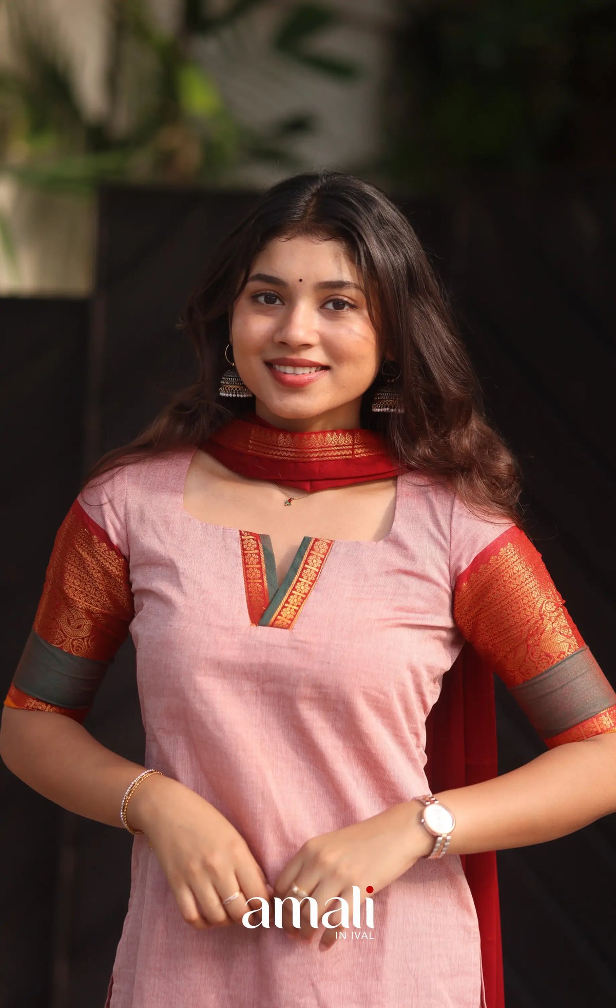 Pastel Pink and Reddish Maroon Chettinad Cotton Salwar Set - salwar