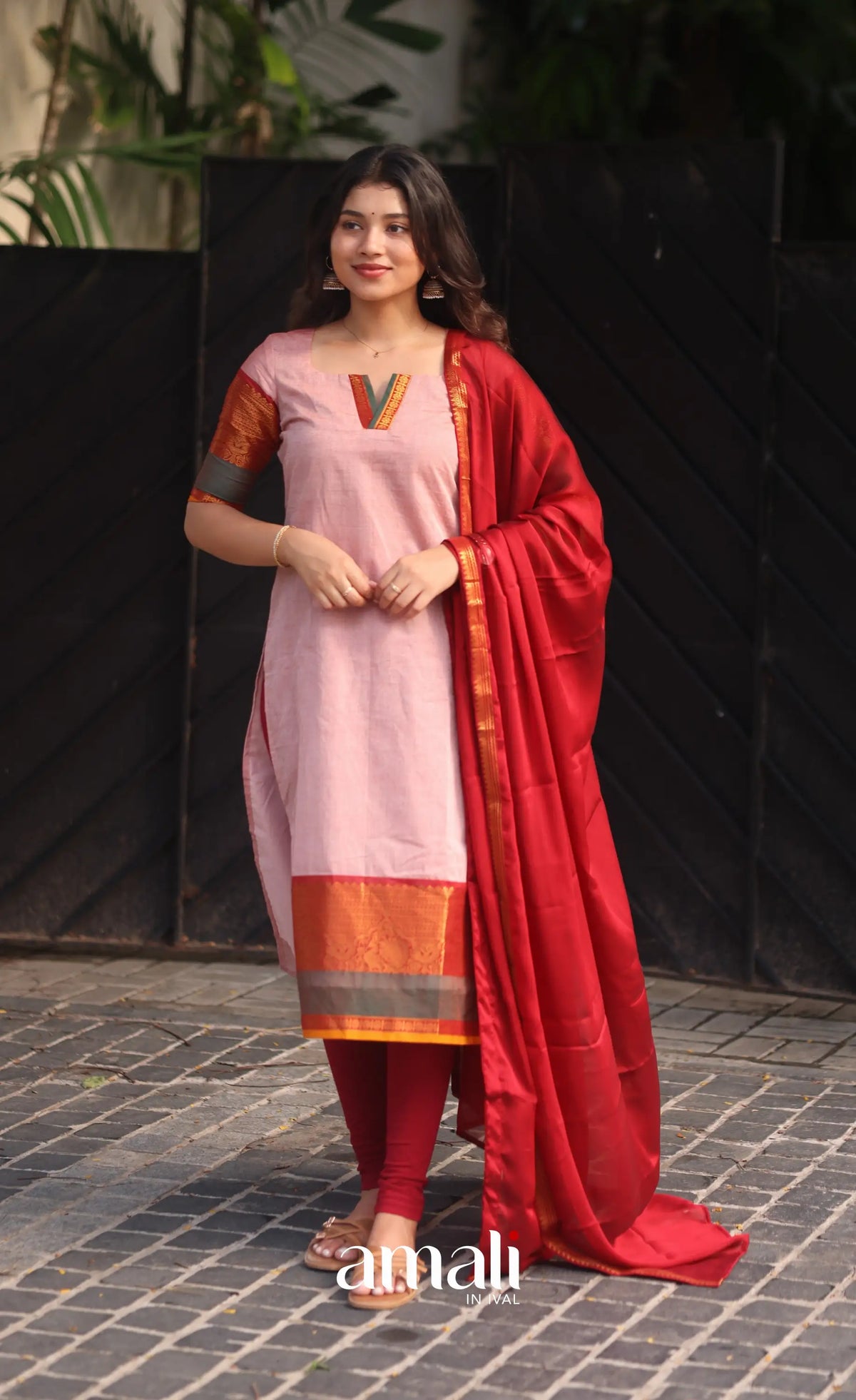 Pastel Pink and Reddish Maroon Chettinad Cotton Salwar Set - salwar