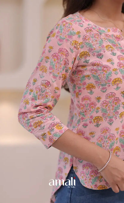 Pastel pink Jaipur Hand Block-Printed Short Top - salwar