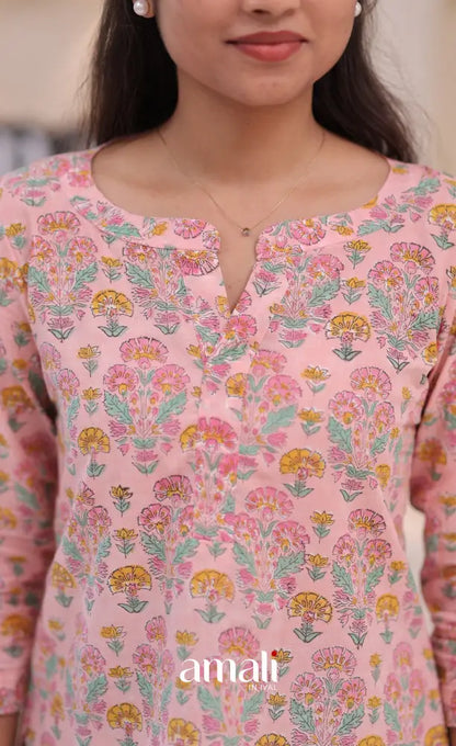Pastel pink Jaipur Hand Block-Printed Short Top - salwar