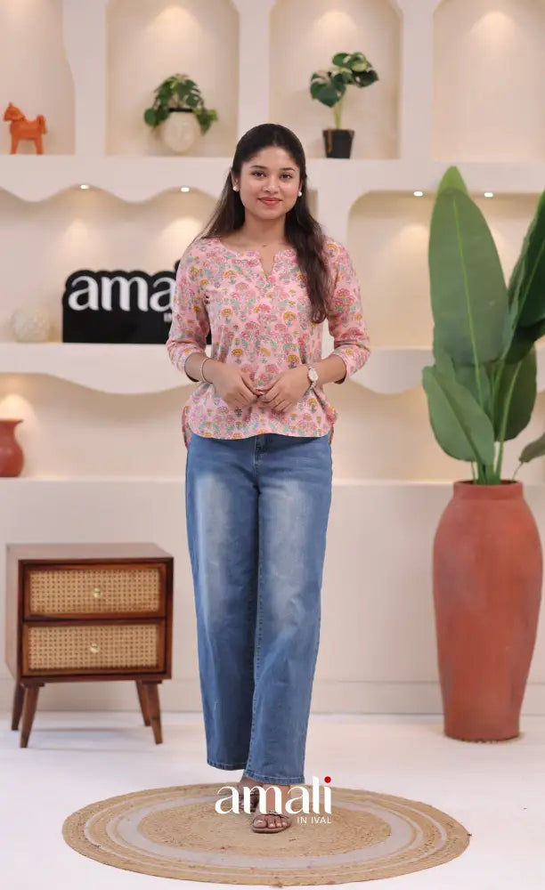 Pastel pink Jaipur Hand Block-Printed Short Top - salwar